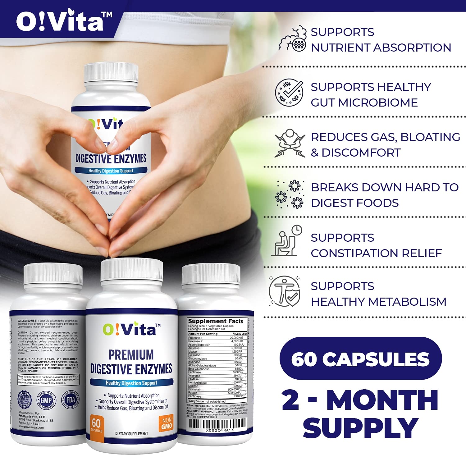 O!VITA Premium Digestive Enzymes with Plant-Based enzymes, Supports Better Digestion, Better Nutrient Absorption (60 Non-GMO Vegetable Capsules)