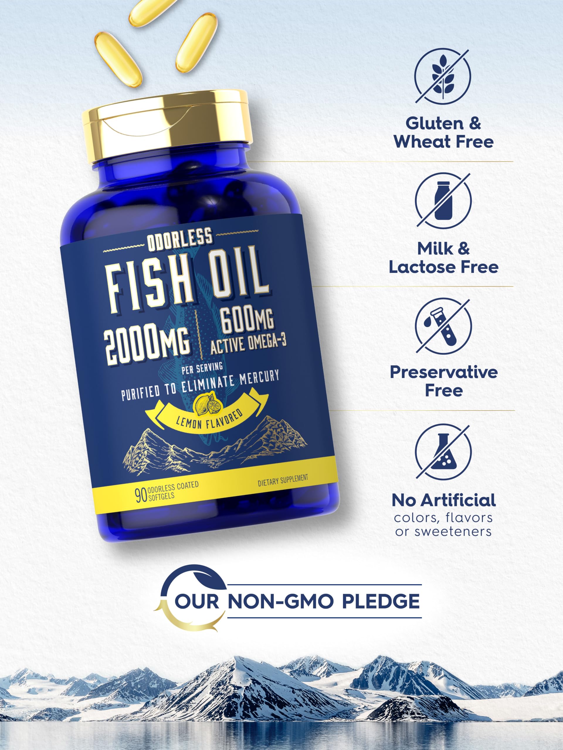 Carlyle Fish Oil 2000mg | 600mg Omega 3 with EPA & DHA | 90 Odorless Softgels | Lemon Flavored Supplement | Non-GMO & Gluten Free Pills