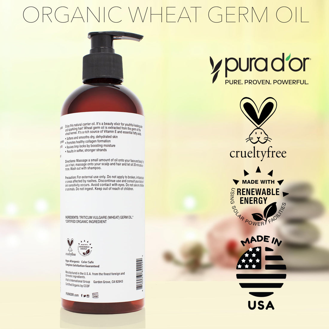 PURA D'OR ORGANIC Wheat Germ Oil (16 Oz x2 = 32 Oz) 100% Pure & Natural USDA Certified Cold Pressed Carrier Oil - Vitamin E Rich, Moisturizing & Nourishing Anti-Aging Properties - Healthy Hair Growth