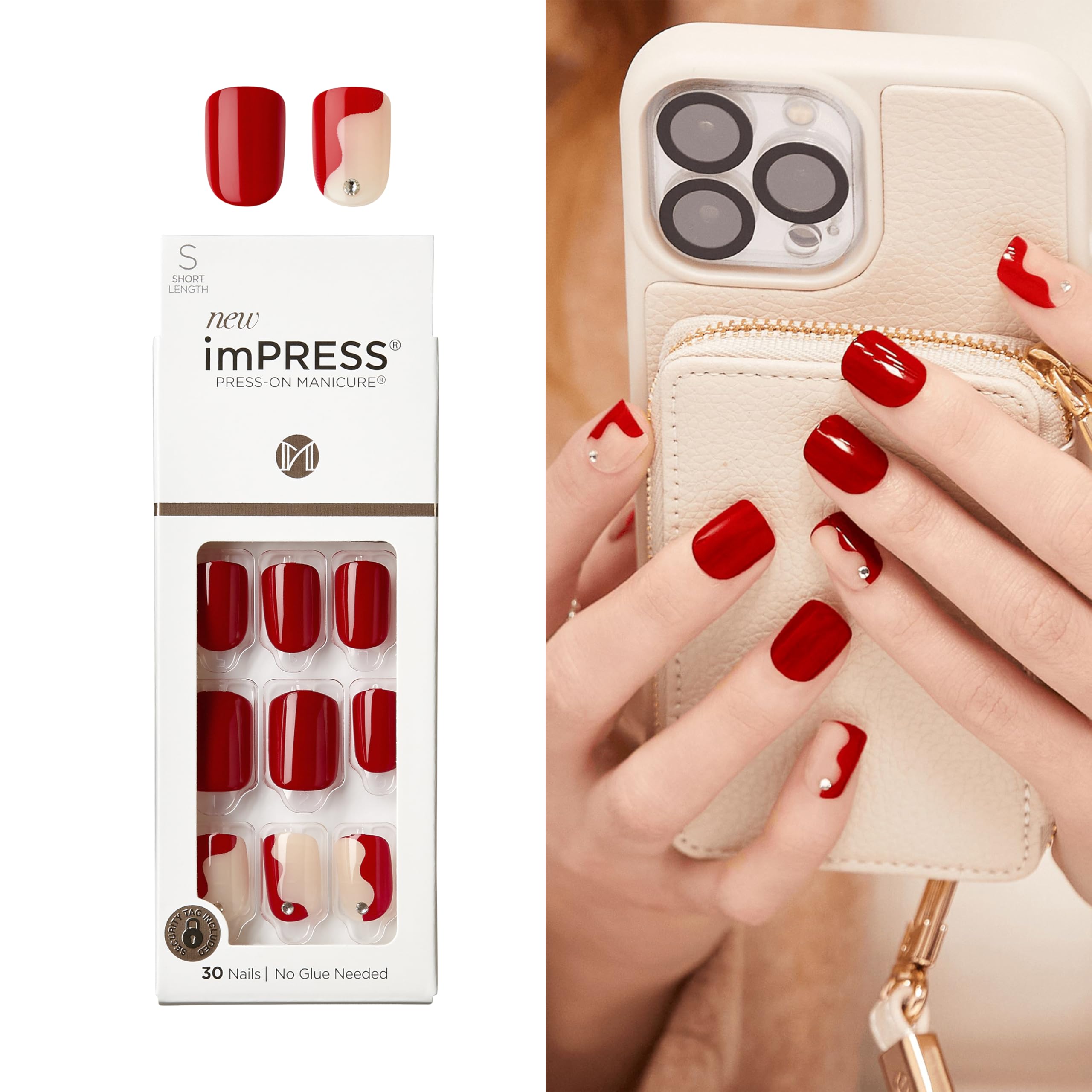 KISS imPRESS No Glue Mani Press On Nails, Design, 'Adore You', Red, Short Size, Squoval Shape, Includes 30 Nails, Prep Pad, Instructions Sheet, 1 Manicure Stick, 1 Mini File
