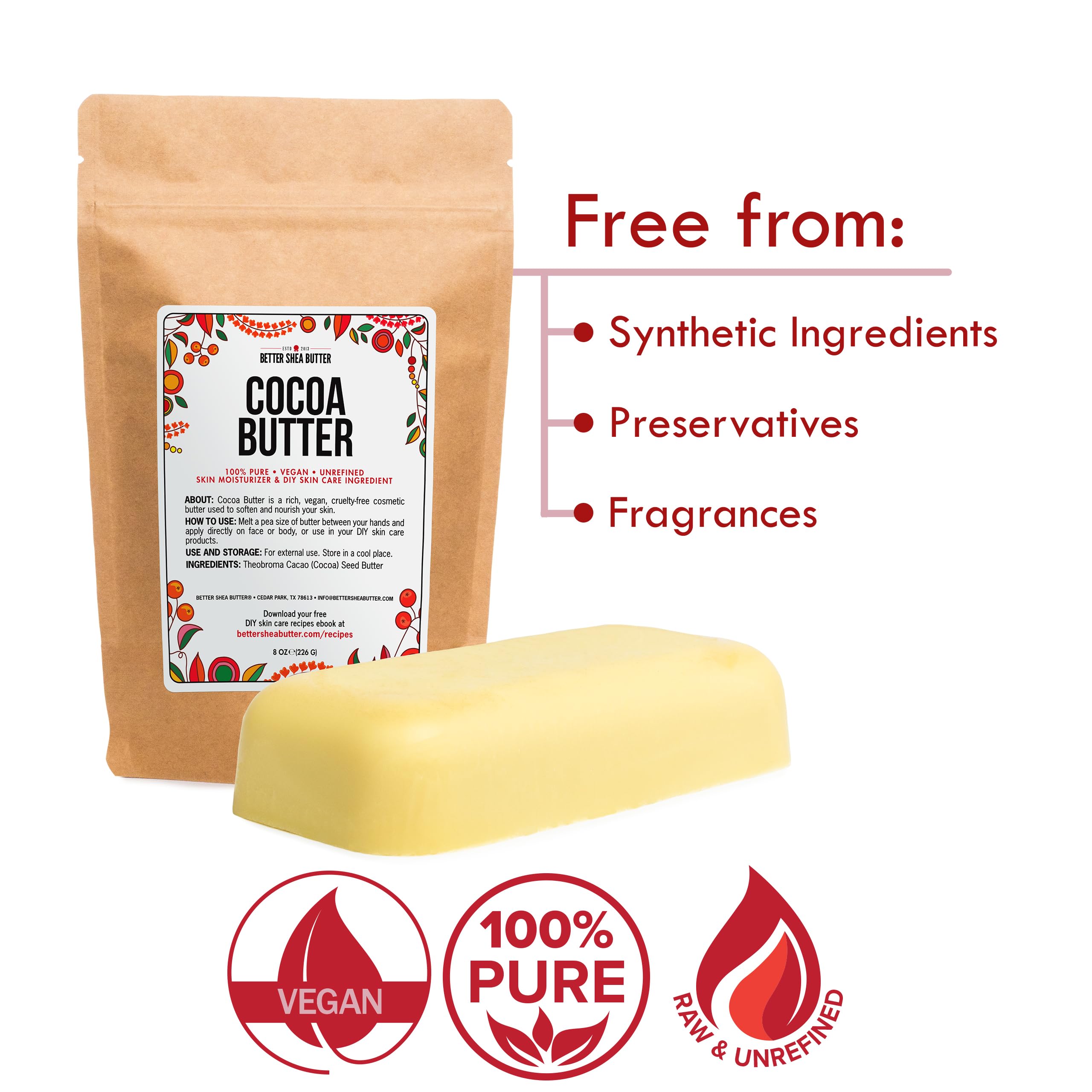 Better Shea Butter Cocoa Butter - 8 oz Block, Deeply Moisturizes Skin, Diminishes Scars, Stretch Marks, Soothes Dry Skin