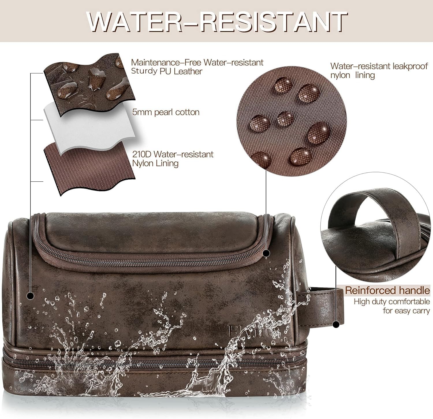 Elviros Toiletry Bag, Mens Leather Travel Organizer Kit with hanging hook, Large Water-resistant Toiletries Bathroom Shaving Bags for Women (Coffee)