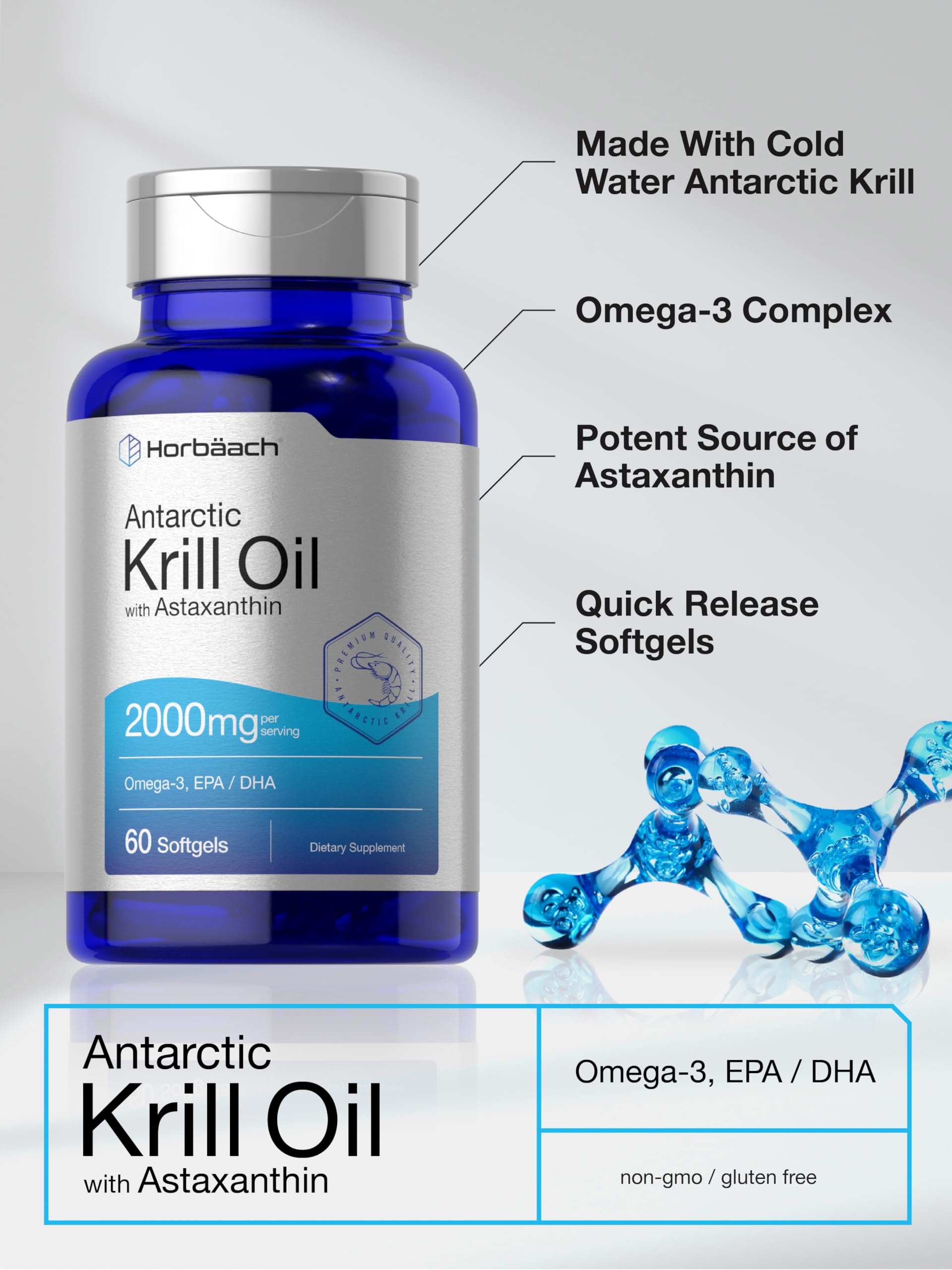 Horbäach Antarctic Krill Oil 2000mg | 60 Softgel Capsules | Omega-3, EPA, DHA Supplement | with Astaxanthin | Non-GMO, Gluten Free