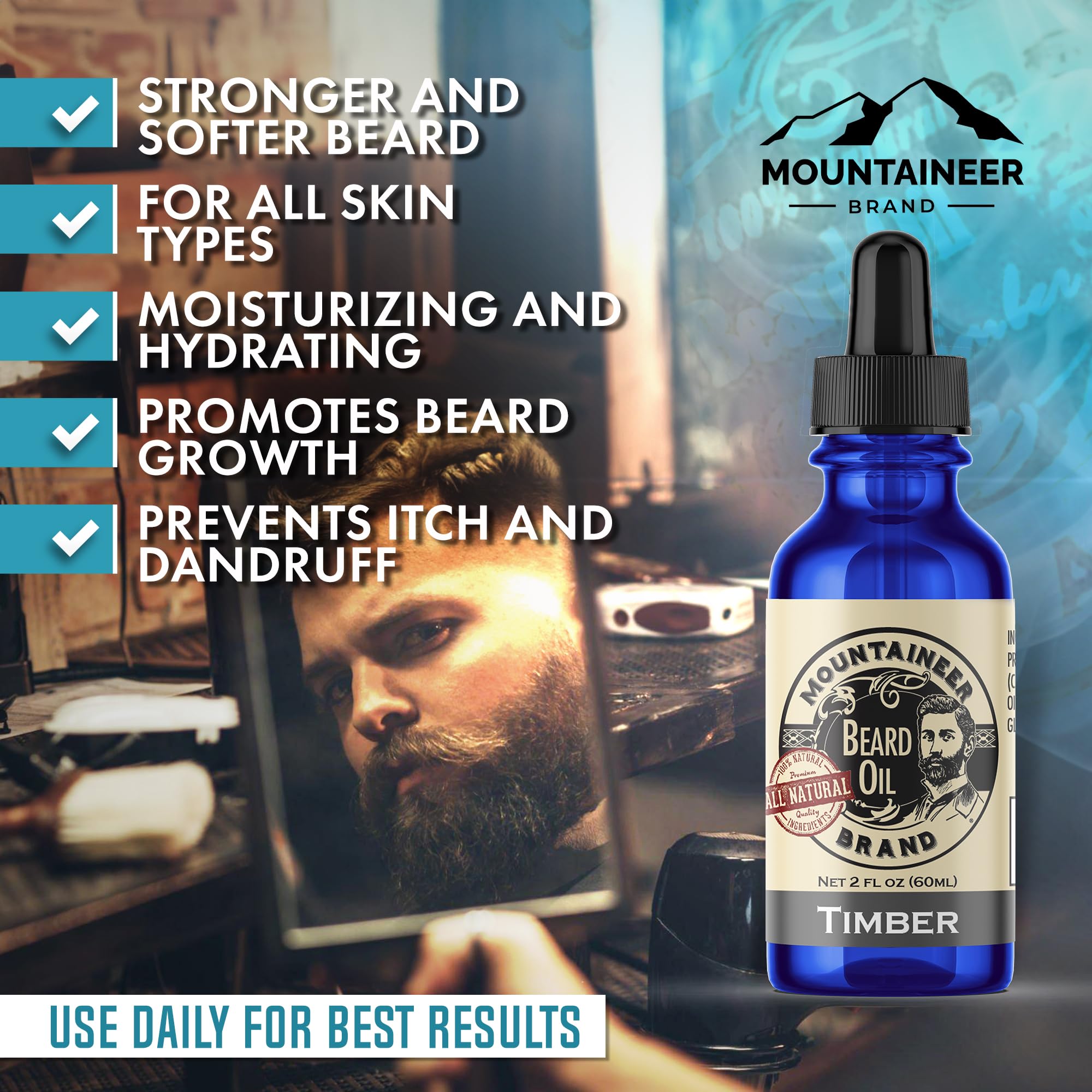 Mountaineer Brand Beard Oil - WV Timber Scent - 100% Natural Conditioner and Softener For Men - Hydrates and Moisturizes for Beard Growth - Treats Dry Itchy Beards - 2oz