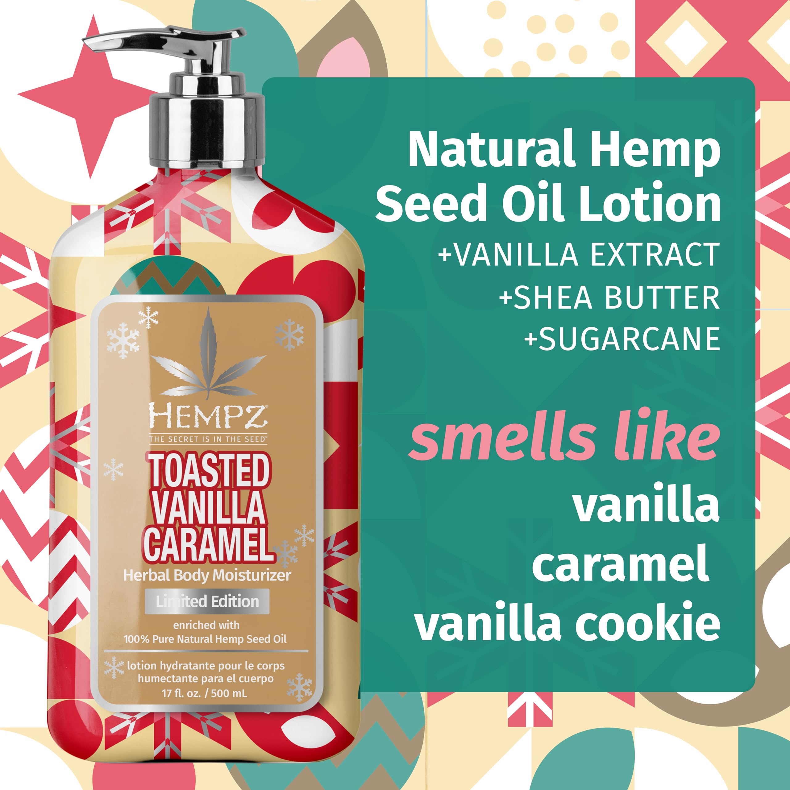 Hempz Toasted Vanilla Caramel Body Lotion, Moisturizer for men and women, Holiday Gifts, 17 oz