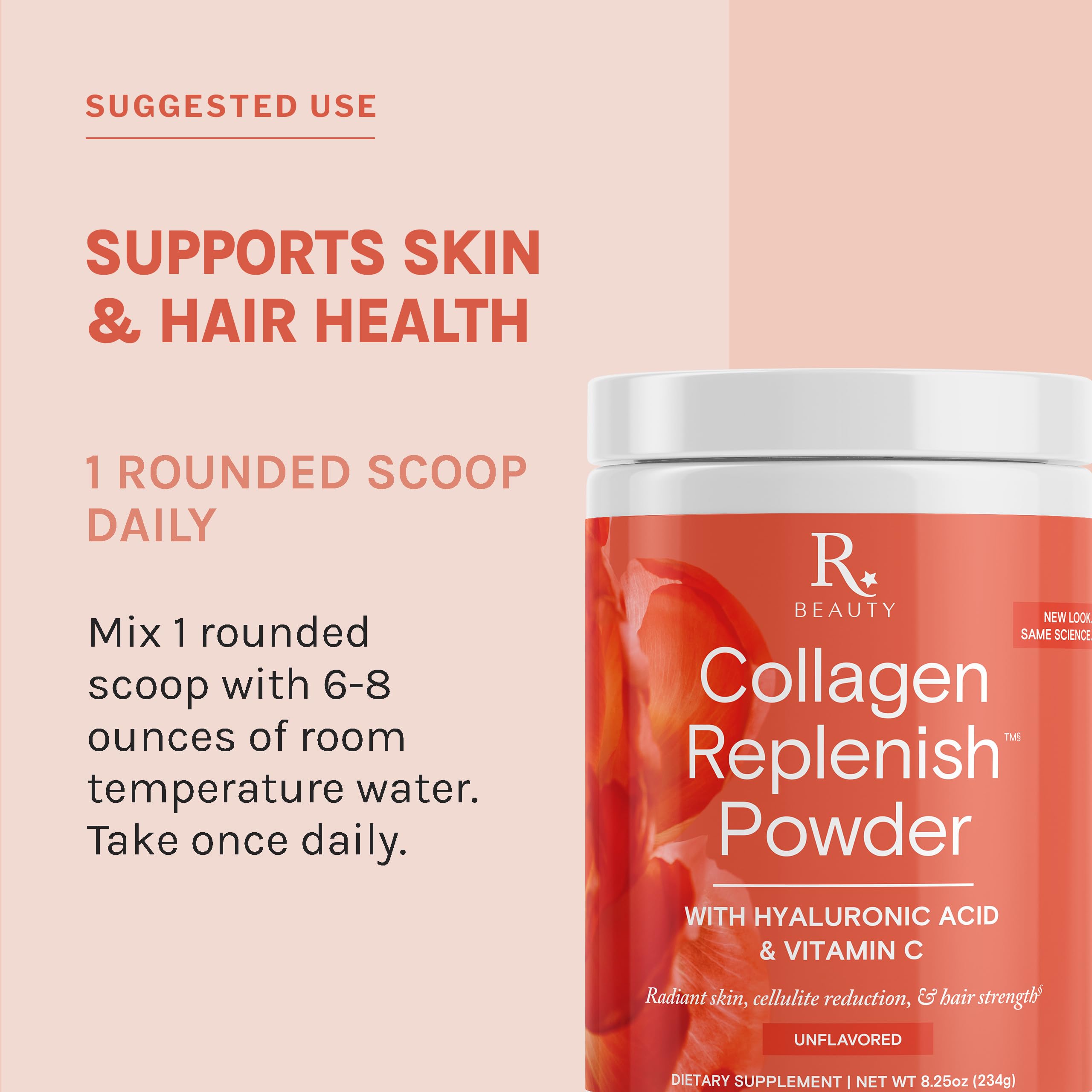 Reserveage Nutrition Collagen Replenish Powder with Hyaluronic Acid & Vitamin C - No-Taste Collagen for Radiant Skin Care, Hair Growth & Cellulite Reduction - Mixes Easily - 8.25 oz