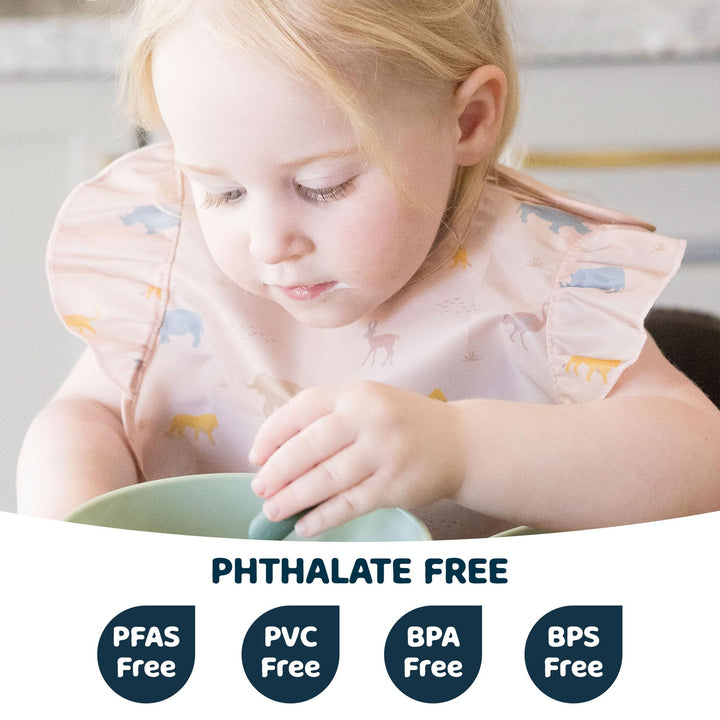 Tiny Twinkle Mess-Proof Baby Bib - Waterproof Bib for Baby Girl - Machine Washable - Adjustable Closure - PVC BPA & Phthalate Free - Great for Travel - Baby Food Bibs (3 Pack, Petite Safari)