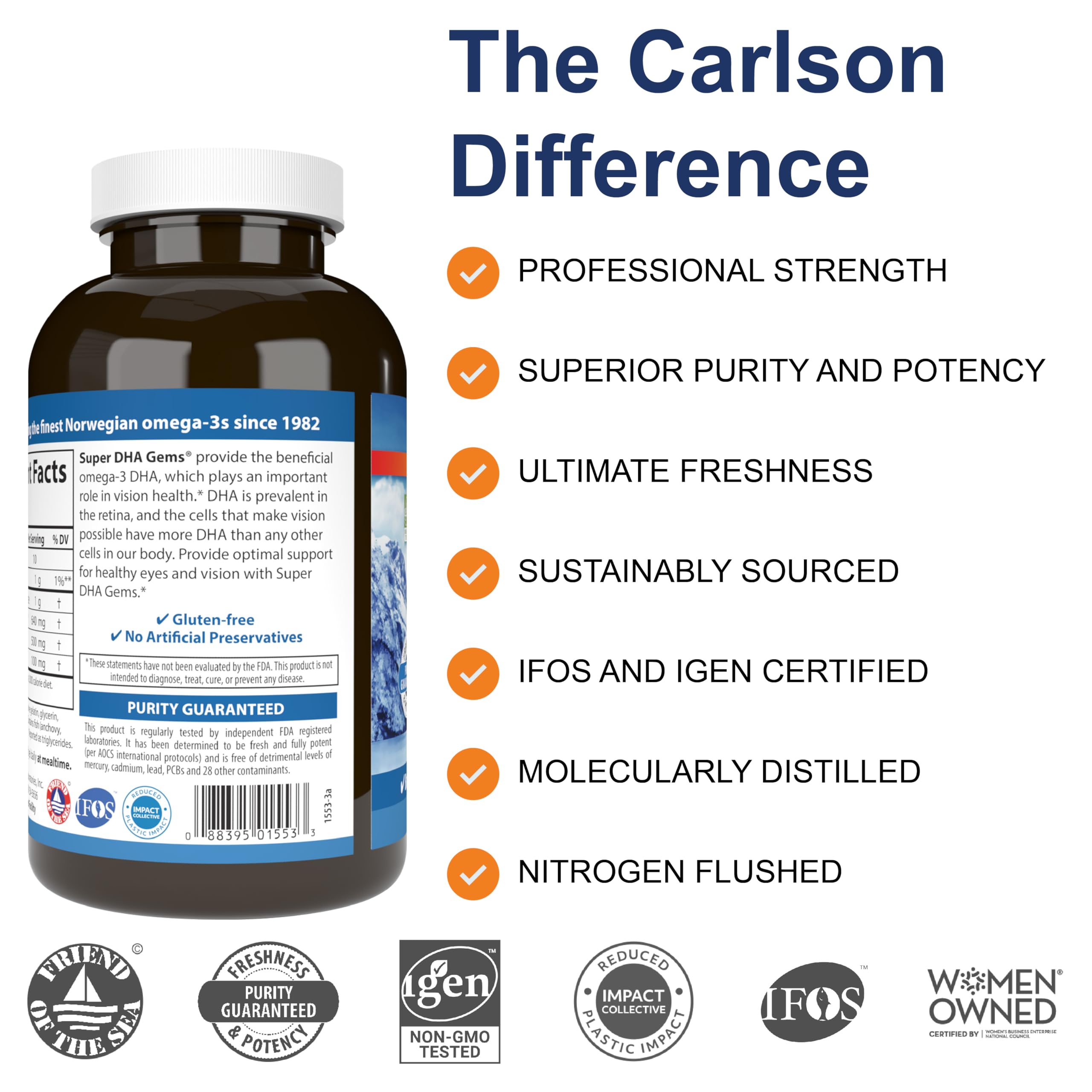 Carlson Super DHA Gems - 500 mg DHA Supplements, 640 mg Fatty Acids, Norwegian Fish Oil Concentrate, Wild-Caught, Sustainably Sourced Fish Oil Capsules, 240 Softgels