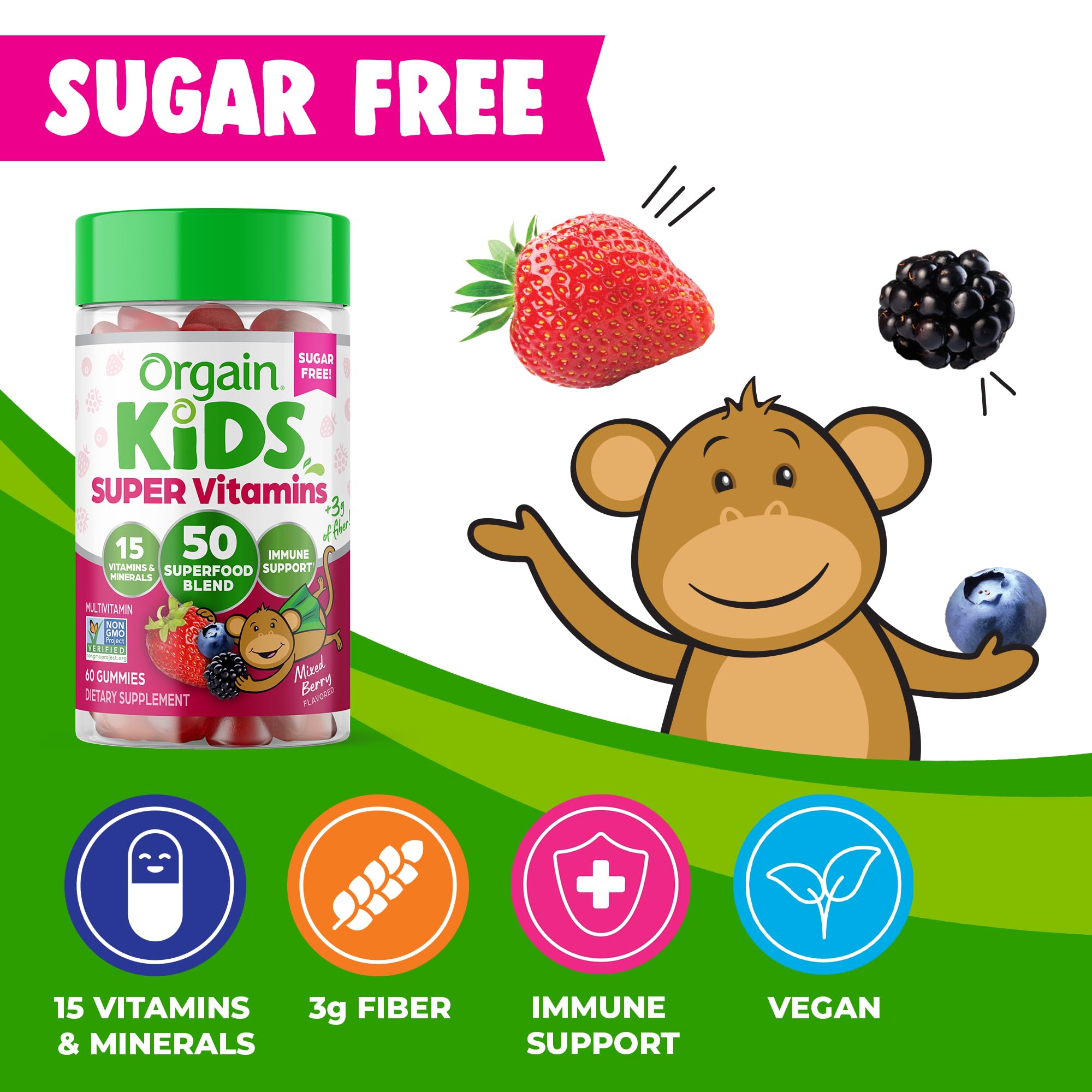 Orgain Kids Sugar Free Multivitamin Gummies, Vegan & Plant Based, 50 Superfoods, 15 Vitamins and Minerals, Immune Support and 3g of Fiber, Mixed Berry, Ages 4+, 1 Month Supply (60 Gummies)