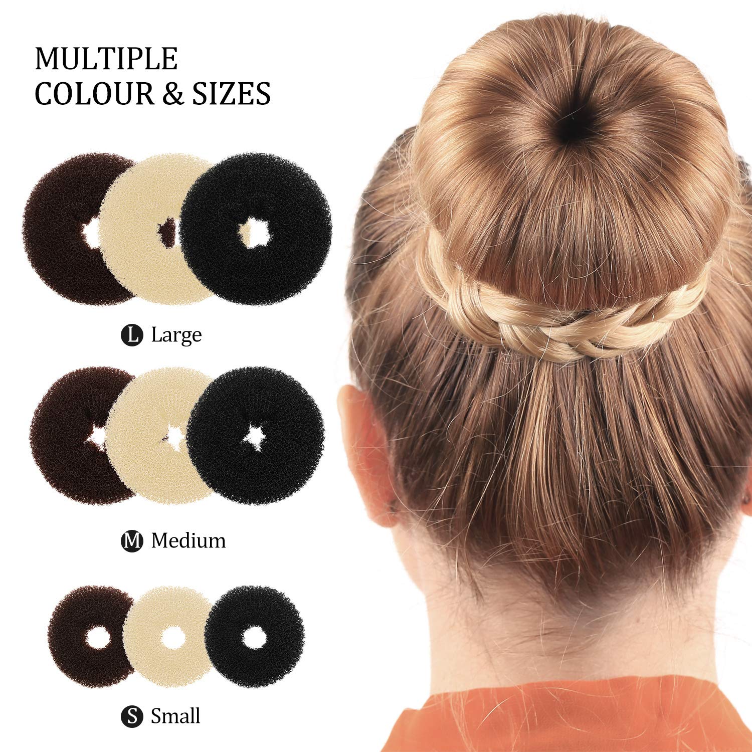 9 Pieces Donut Hair Bun Maker Shaper Foam Sponge Doughnut Bun Ring Style Set with 12 Pieces Hair Elastic Bands Ties and 32 Pieces Hair Bobby Pins for Women Girls Kids (Black, Brown, Beige)