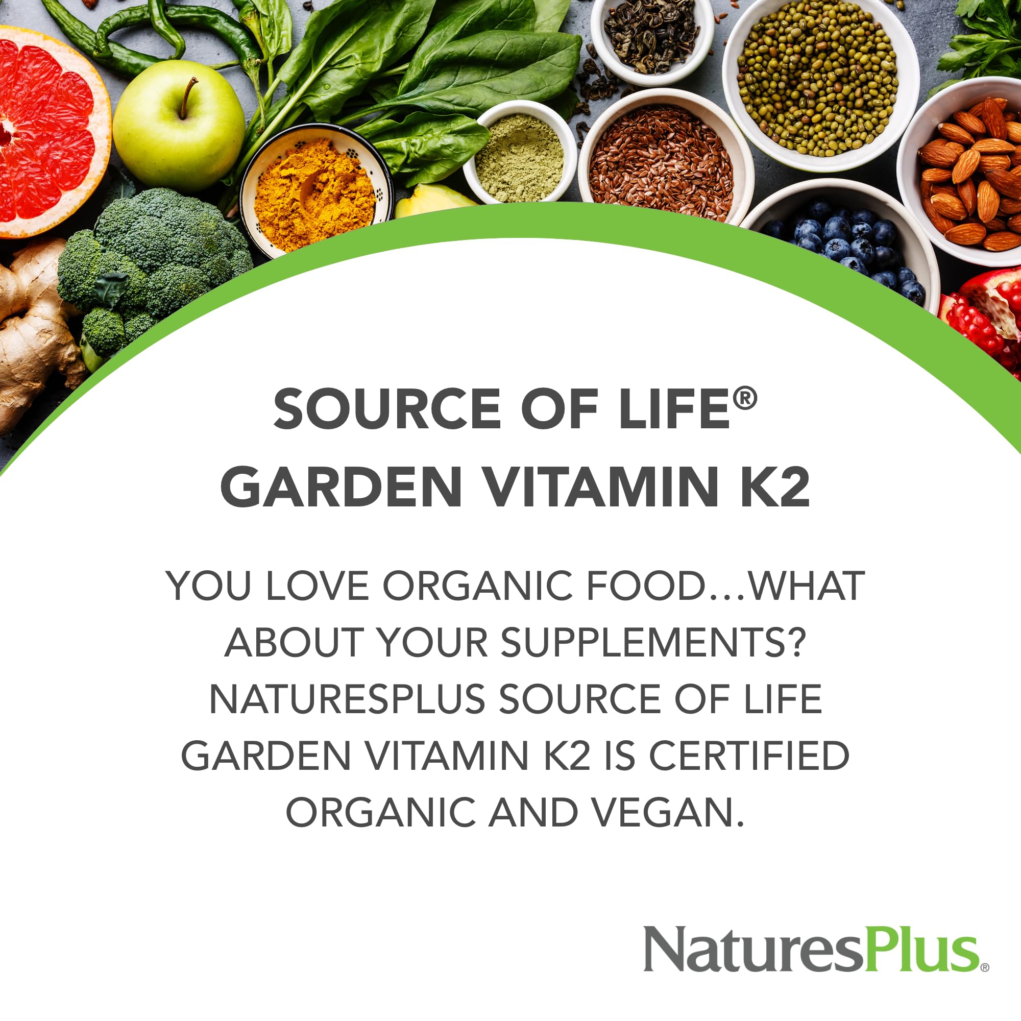 Natures Plus Source of Life Garden Certified Organic Vitamin K2-120 mcg, 60 Vegan Capsules - Bone Health Supplement - with Natural Whole Food Enzymes - Vegetarian, Gluten-Free - 60 Servings