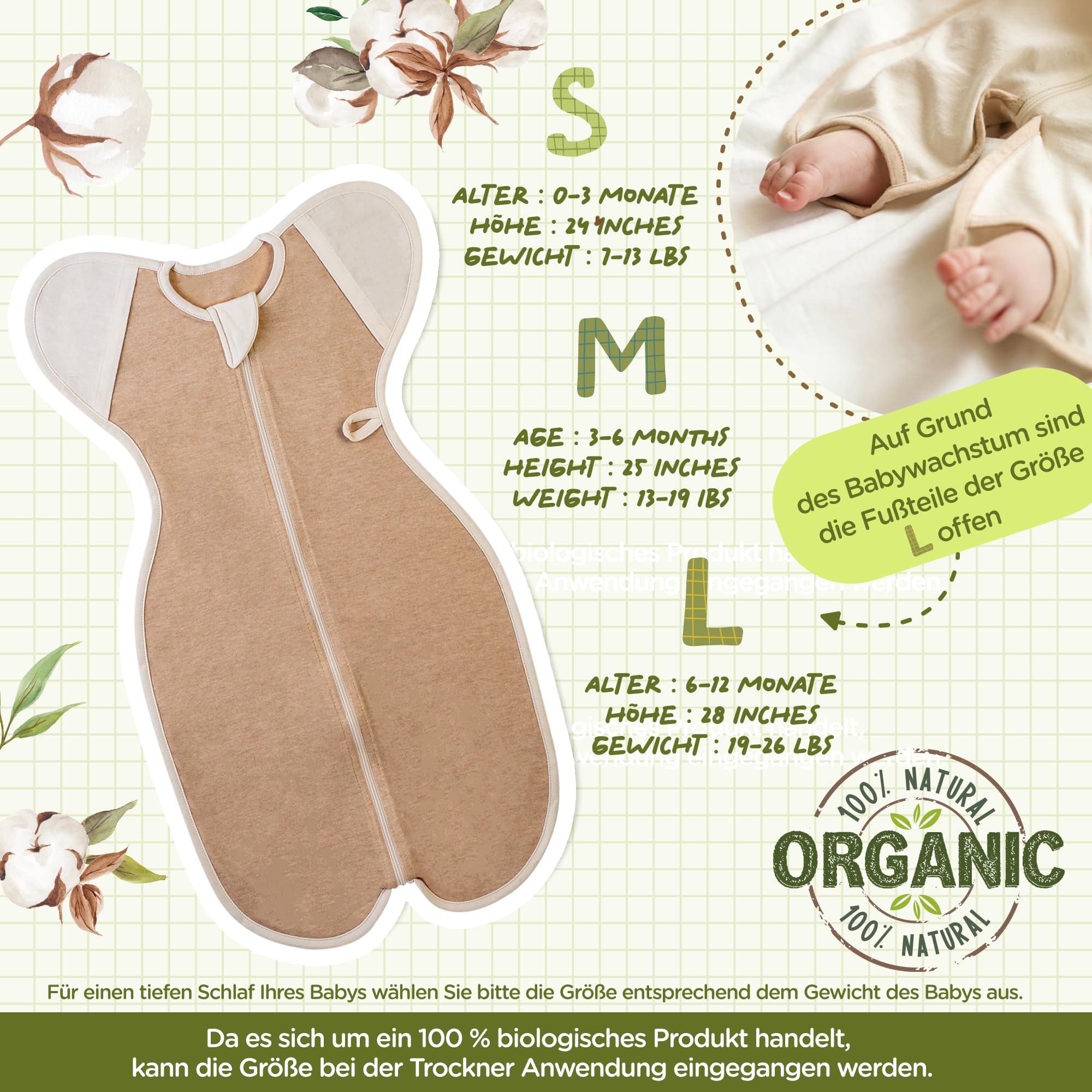 CCOCCOZAM Swaddle, 100% Organic Cotton, Beige, Large, 6-12 Months, 19-26lbs, Transition Baby Sleep Sack, Dramatically Better Sleep