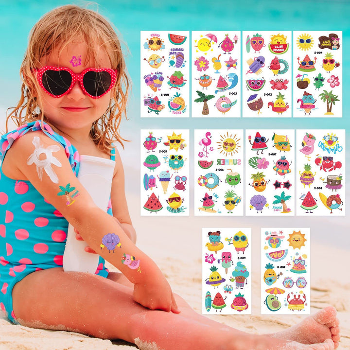 Summer Temporary Tattoo Stickers 100+ Patterns Hawaii Beach Pool Party Tropical Fake Tattoo Waterproof Pineapple Palm Watermelon Fruit Children Boys Girls Adults 10 Sheets