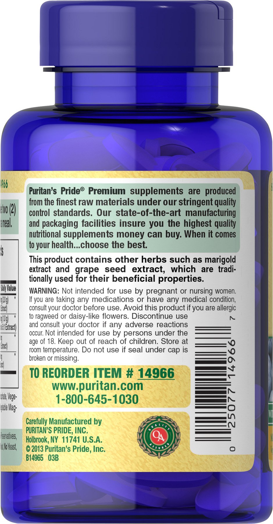 Puritan's Pride Premium Blueberry Eyebright Complex with Extracts of Marigold and Grapeseed, Dietary Supplement for Antioxidant Health, 120 Coated Caplets