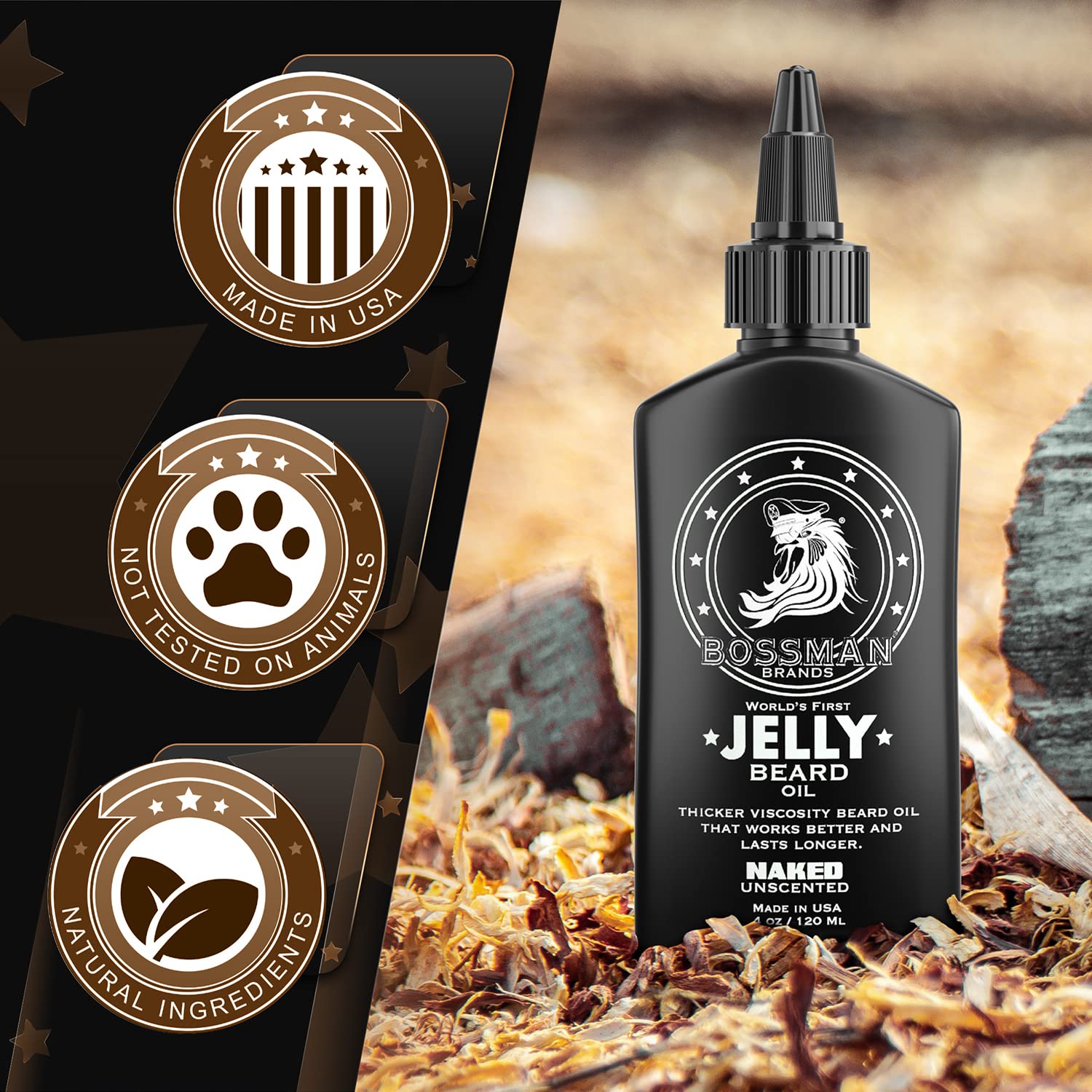 Bossman Beard Oil (4oz) - Eliminates Beard Itch, Bigger Bottle, Thicker Growth, All Natural, American Made, Non Greasy Jelly Beard Oil (Naked Scent)
