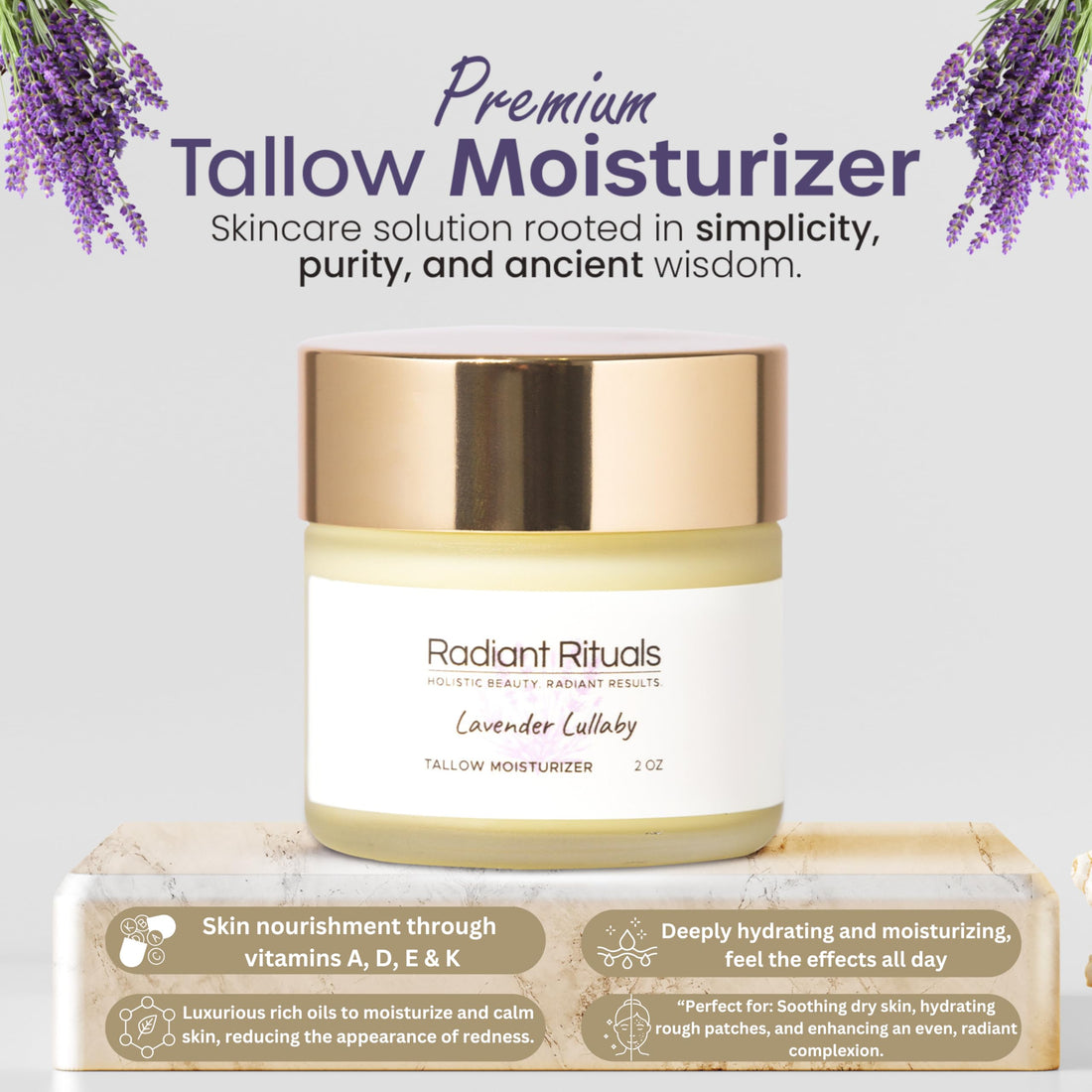 Organic Grass-Fed Beef Tallow Balm w/ Raw Honey, Beeswax, Coconut Oil, Shea Butter, Jojoba Oil - Moisturizer Cream for Face - Non Toxic Skincare for Sensitive Dry Skin, Hydration - (Lavender)