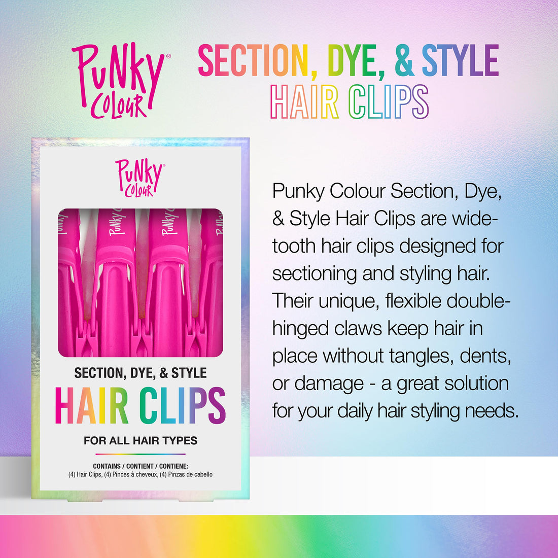 Punky Colour Hair Clips for Sectioning, Styling, and Dyeing - Strong Grip, Non-Slip, For All Hair Types, Professional Salon Hair Tools, 4-Piece, 1-Pack