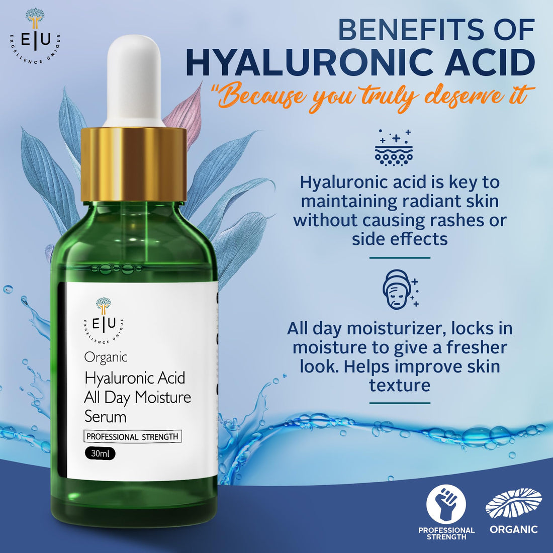 Organic Hyaluronic Acid Serum for Face – 30ml Hydrating Serum – Hyaluronic Acid Serums for Deep Moisture, Plumping & Anti-Aging