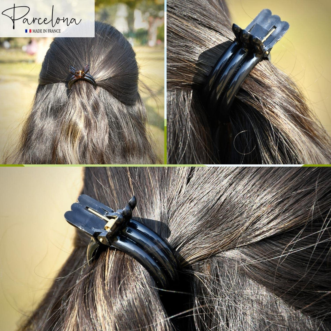 Parcelona French Round Inner Teeth Brown Shell and Black 3/4 Cellulose Made in France Strong Grip Set of 2 Pony Ties Piranha Fish Hair Clips for Women and Girls