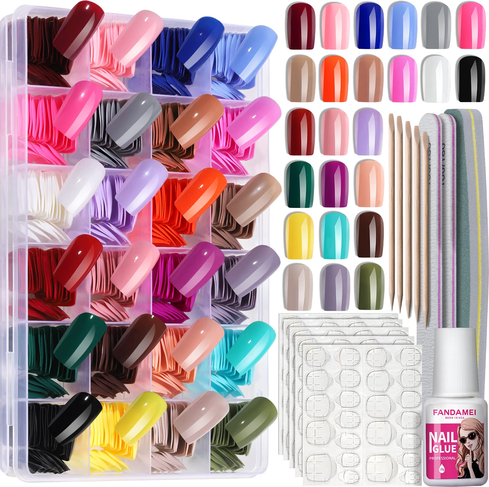 FANDAMEI 24 Colors Press on Nails Square, 24 Packs 576PCS Press on Nails Medium Square Glossy, Lightweight Natural Fake Nails Full Cover, False Nails with Glue, Short Square Acrylic Press on Nails