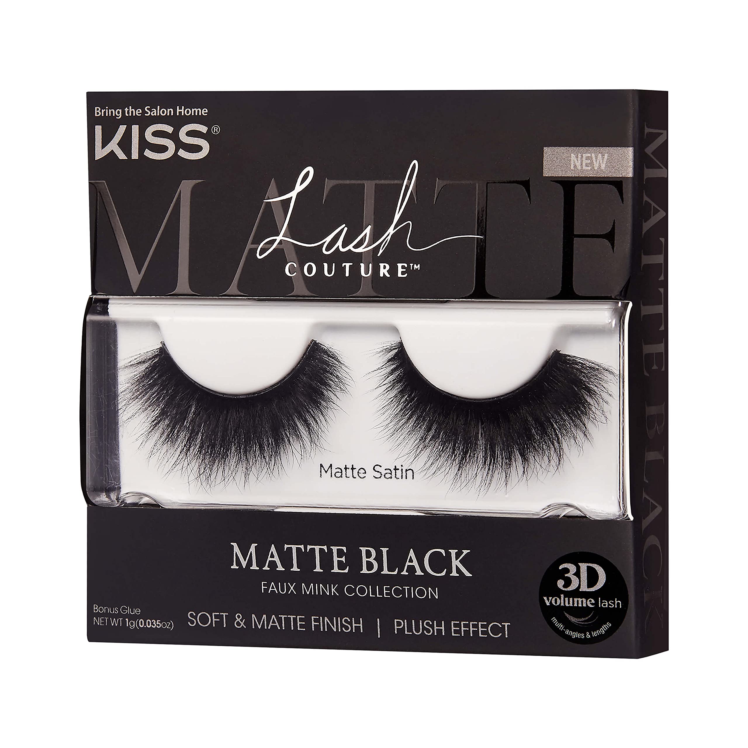 KISS Lash Couture Matte Black Faux Mink Collection, False Eyelashes 1-Pack, Soft Real Mink Texture & Matte Finish, High Impact Color, 3D Volume, Knot-Free Lash Band, Reusable, Matte Satin, 1 Pair