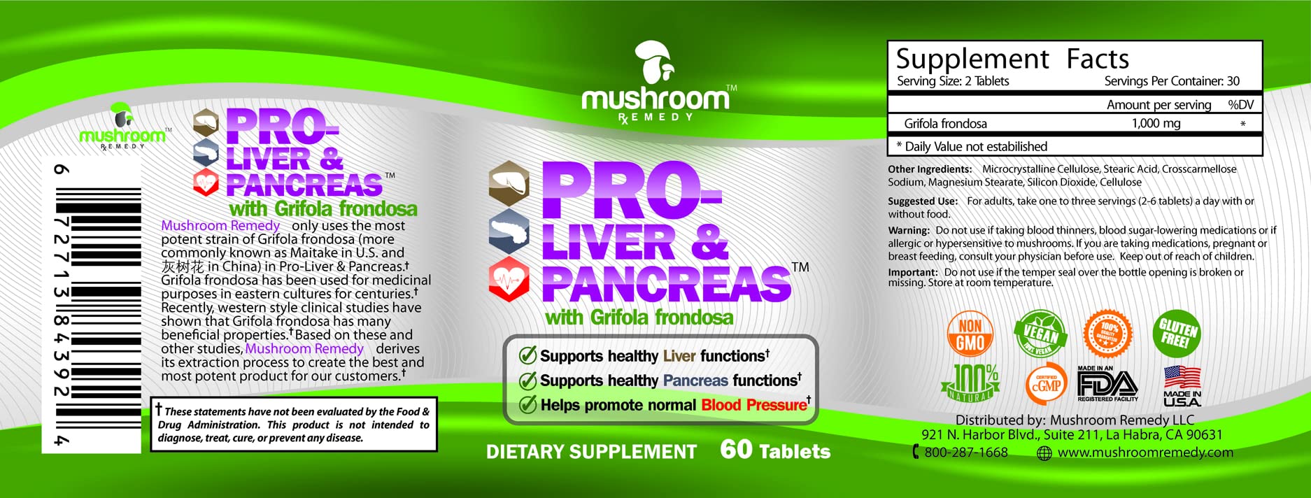 PRO-Liver & Pancreas | Best All-Natural Herbal Supplement for Pancreas & Liver Support, Detox, Clinically Studied Grifola frondosa Mushroom Extract, Vegan, NON-GMO, USA Made, 60 Tablets