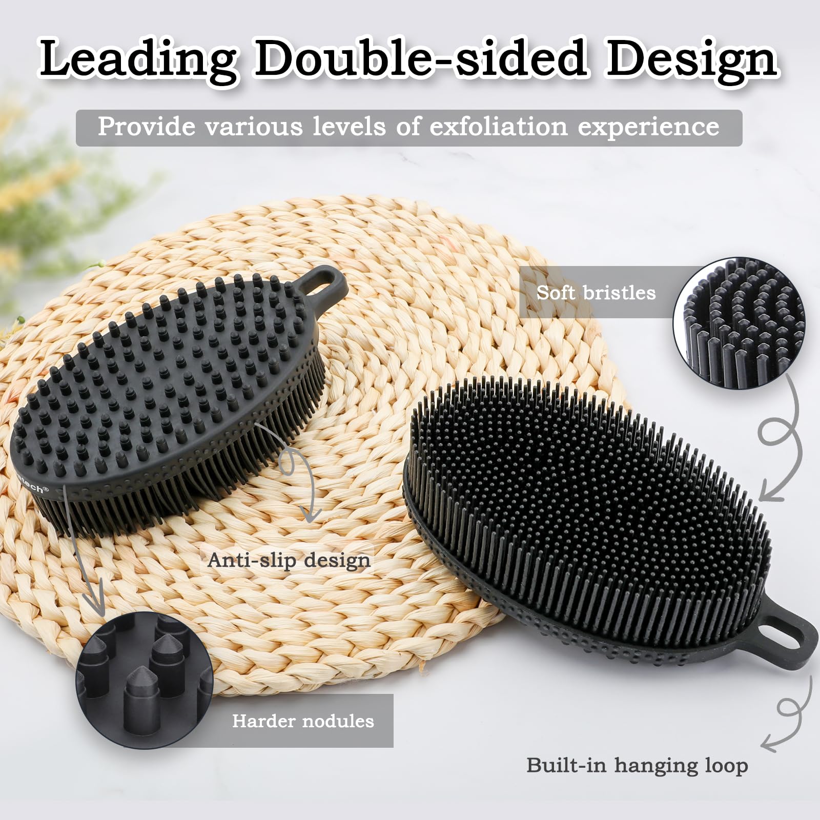 FREATECH Silicone Body Scrubber Gentle Exfoliating Bath Shower Body Cleansing Brush, More Hygienic Than Loofah, Easy to Clean and Durable, for Men Women Kids, Sensitive Skin, Black