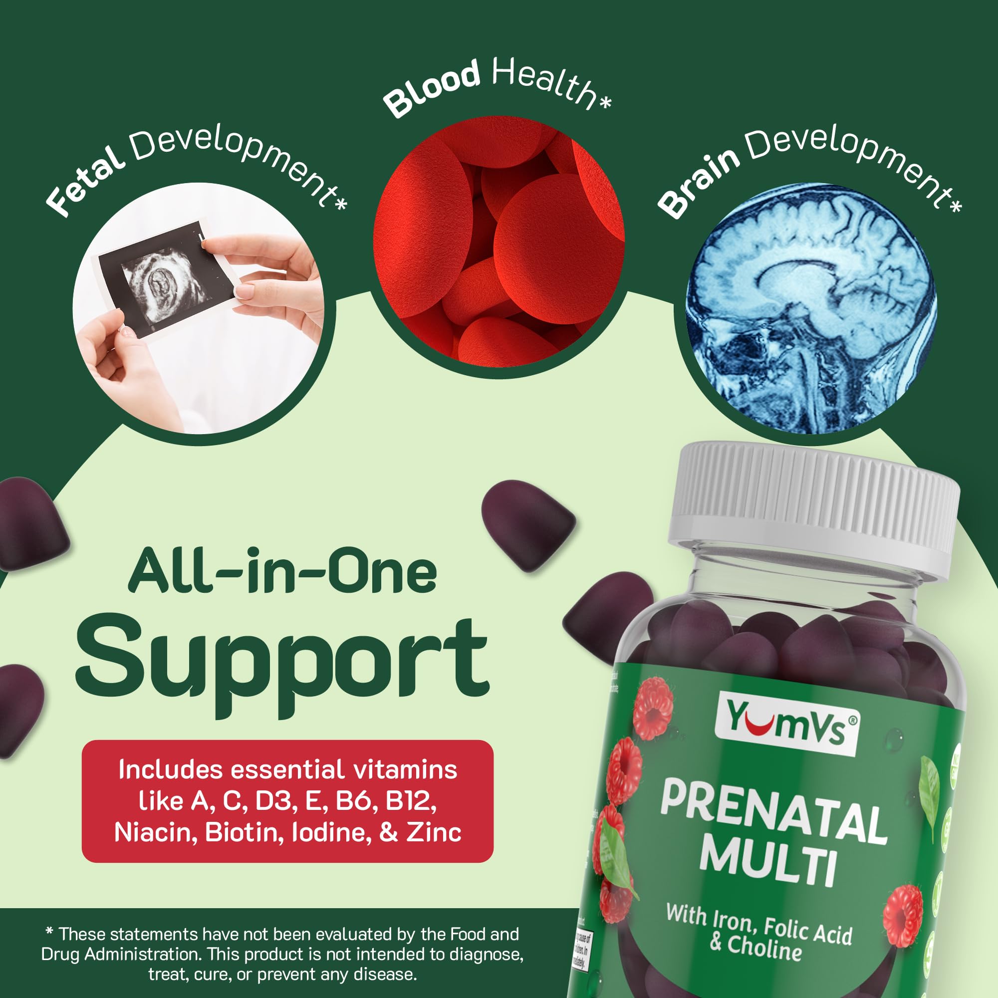 YUM-V'S YumVs Prenatal Gummies for Women - Prenatal Vitamins for Women with Folic Acid, Iron & Choline - Vegetarian & Kosher Pregnancy Vitamins - Womens Prenatal Multivitamin - 60 Count 2pk