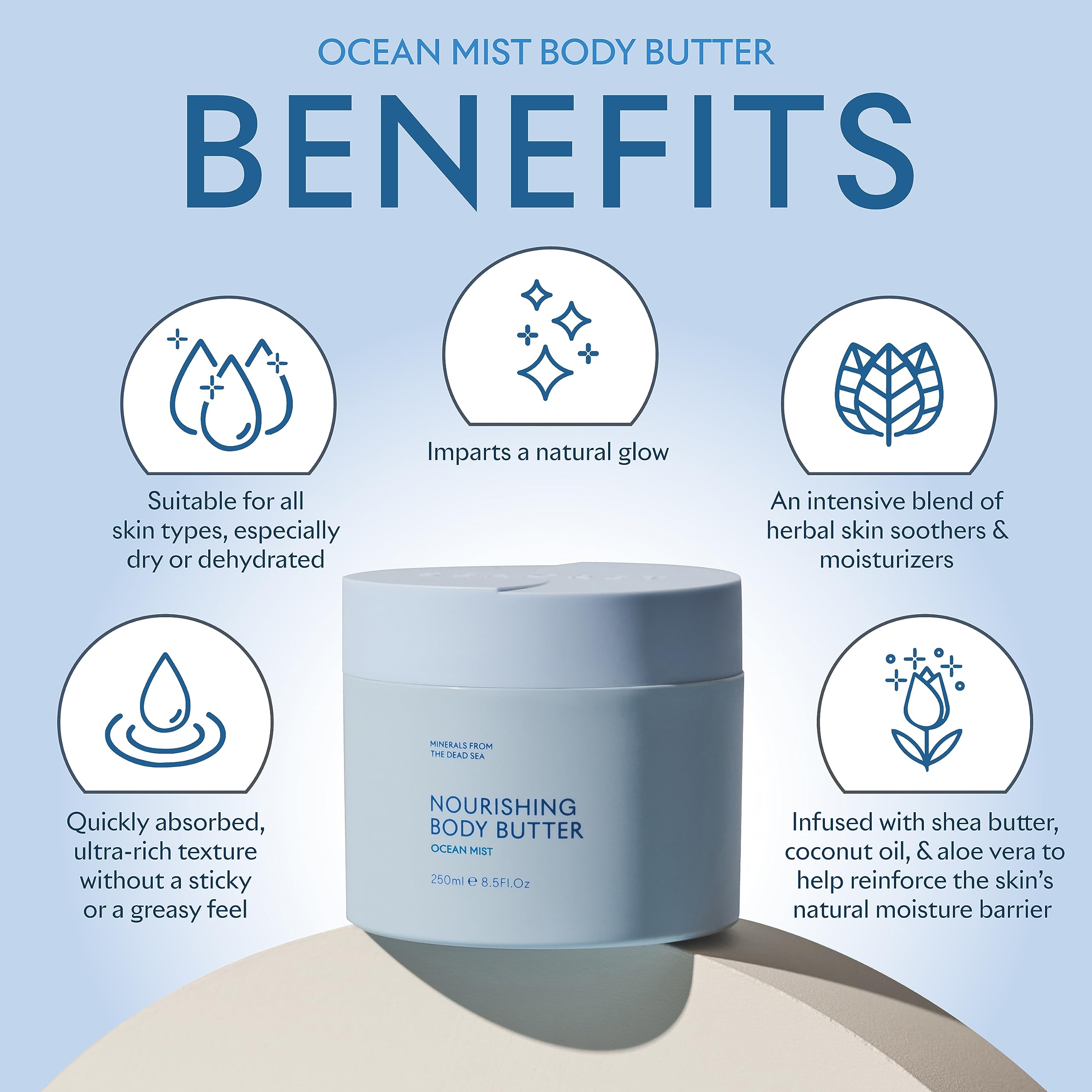 SEACRET OCEAN MIST BODY BUTTER: Hydrating Body Moisturizer Cream with Shea and Cocoa Butter, Vitamins E & C, and Dead Sea Minerals for All Skin Types, 8.5 FL. OZ, Ocean Mist