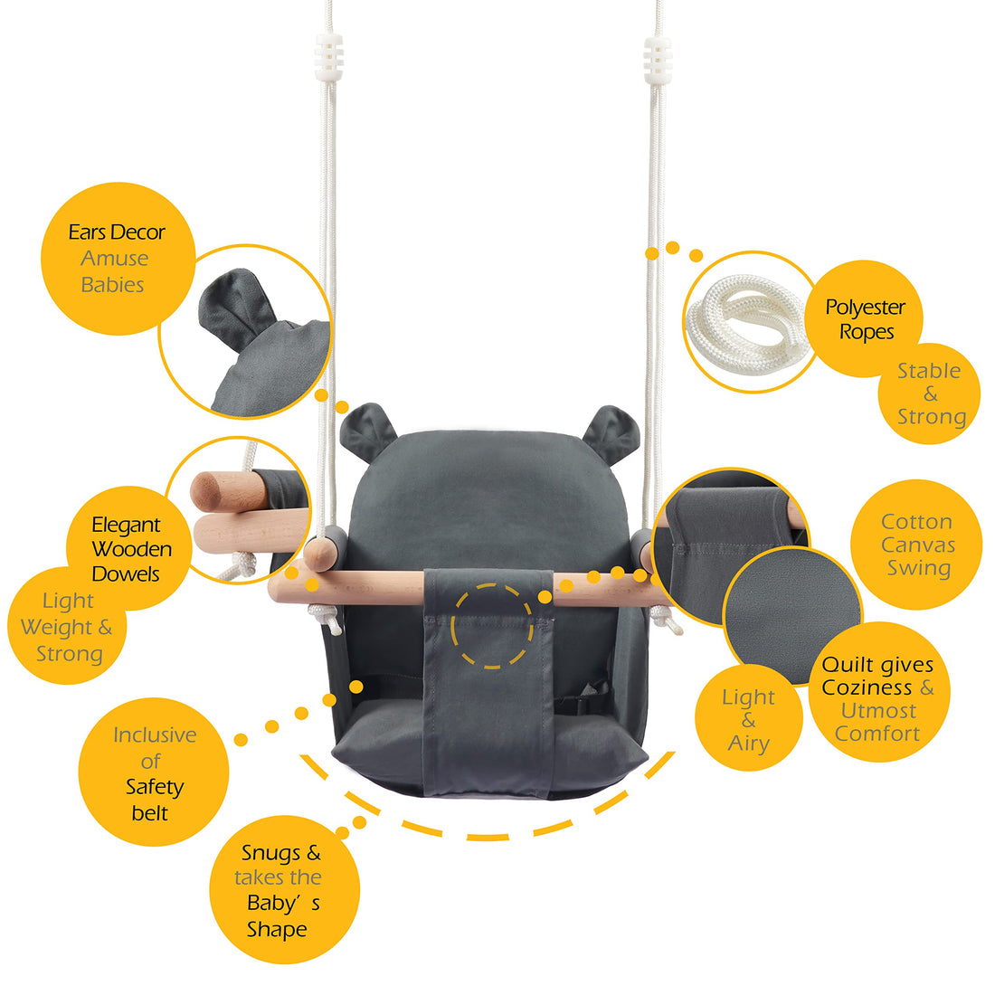 Secure Baby Swing Seat with Safety Belt - Baby Canvas and Wooden Swing Chair with Ear Décor Cushion - Hanging Indoor Swing for Infants & Baby Swing Outdoor - Tree Toddler Swing for Backyard Outside