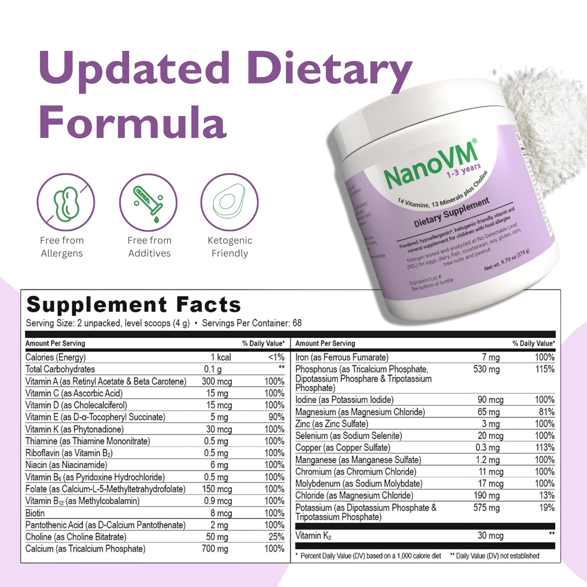 NanoVM 1-3 Years, Allergen-Free Multivitamin for Kids, Unflavored Dietary Supplement, Powdered Supplement with 14 Vitamins & 13 Minerals, Low-Carbohydrate Toddler Vitamins, 275g - Solace Nutrition