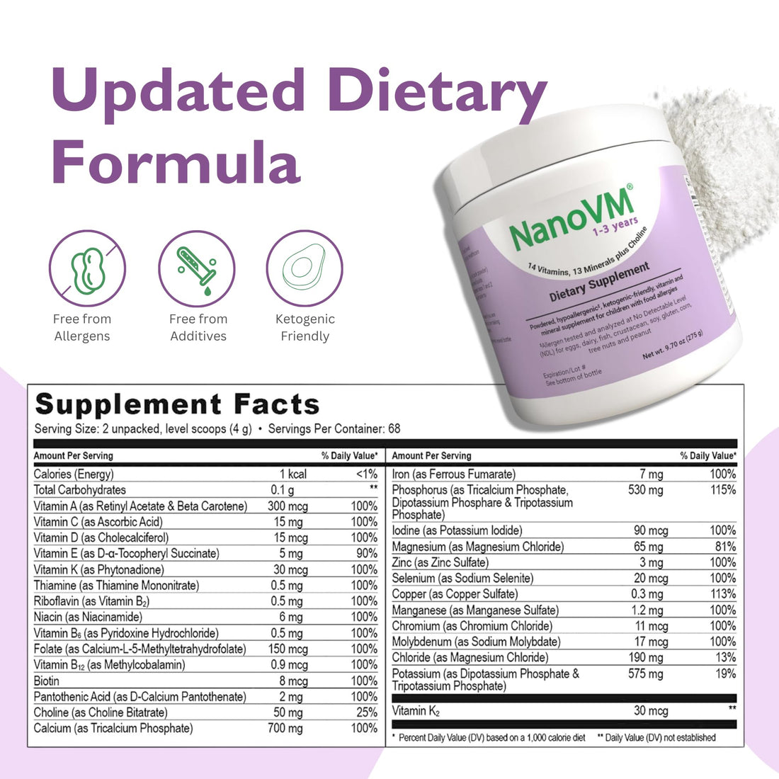 NanoVM 1-3 Years, Allergen-Free Multivitamin for Kids, Unflavored Dietary Supplement, Powdered Supplement with 14 Vitamins & 13 Minerals, Low-Carbohydrate Toddler Vitamins, 275g - Solace Nutrition