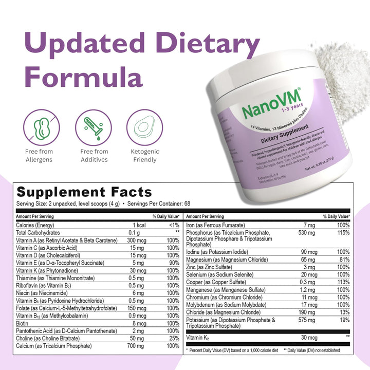 NanoVM 1-3 Years, Allergen-Free Multivitamin for Kids, Unflavored Dietary Supplement, Powdered Supplement with 14 Vitamins & 13 Minerals, Low-Carbohydrate Toddler Vitamins, 275g - Solace Nutrition