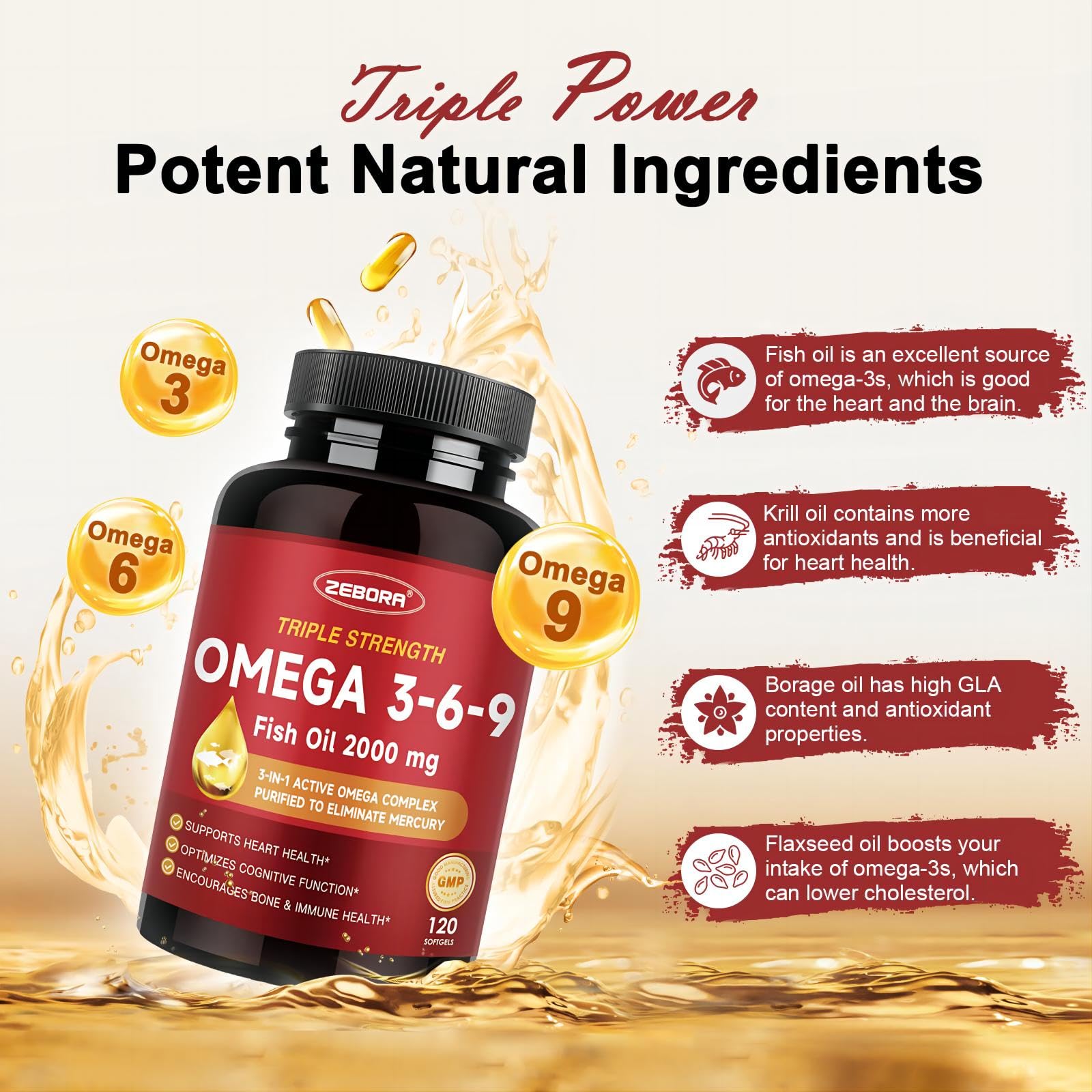 Triple Omega 3-6-9 Fish Oil 2000mg - High Potency with Vitamin D3 & Astaxanthin, Support for Heart, Brain and Immune Health - Includes Flaxseed & Borage, 60 Servings