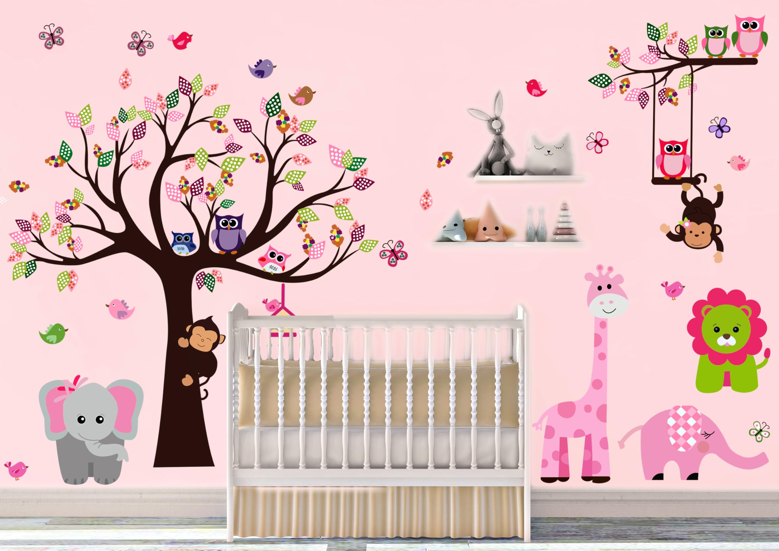 DEKOSH Pink Jungle Baby Nursery Wall Decal Peel & Stick Colorful Owl Giraffe Lion Animal Wall Stickers for Kids Room