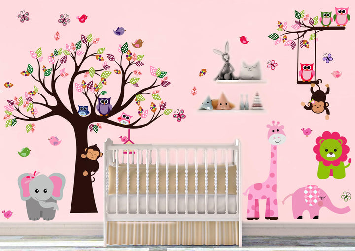 DEKOSH Pink Jungle Baby Nursery Wall Decal Peel & Stick Colorful Owl Giraffe Lion Animal Wall Stickers for Kids Room