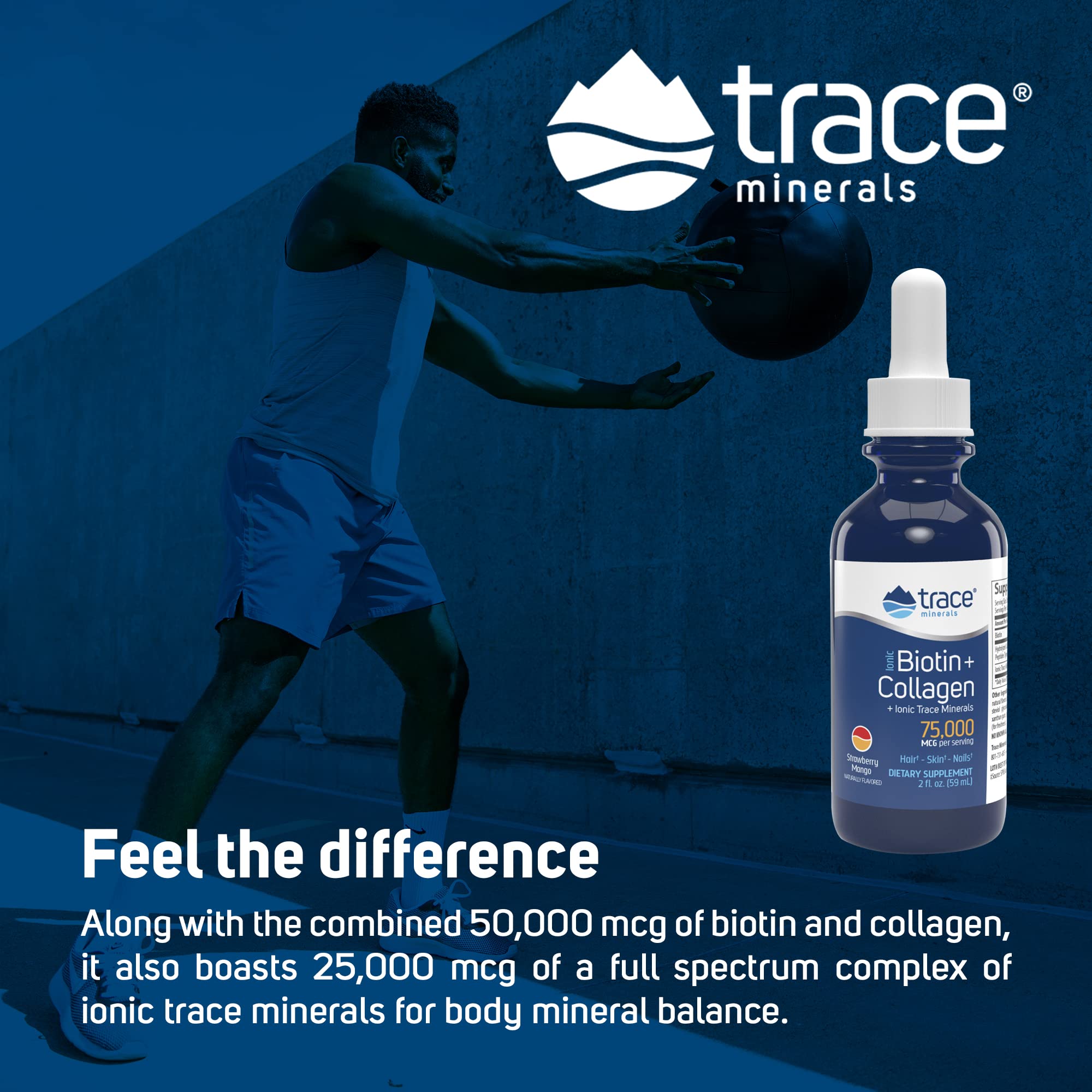 Trace Minerals Ionic Biotin Plus Collagen - High-Potency Supplement Supports Healthy Hair Growth & Skin - Biotin & Collagen Supplement Aids Healthy & Strong Joints - Strawberry Mango, 2 fl oz