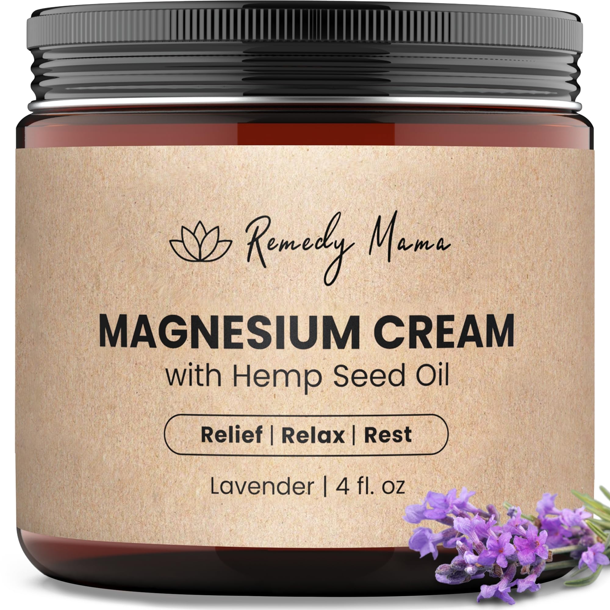 Remedy Mama Magnesium Cream for Sleep, Muscle Soreness & Cramps Relief with Hemp Seed Oil, Vitamin E, Shea Butter - Topical Magnesium Lotion for Calm & Relaxation - Lavender - 4fl oz - Made in Canada