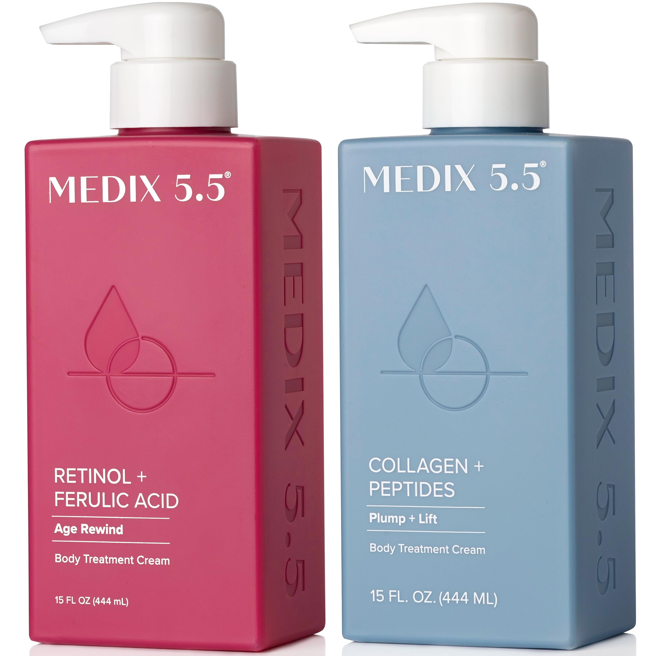 Medix 5.5 Retinol Cream and Collagen Cream Set. Medix 5.5 Retinol Cream with Ferulic Acid targets Crepey Skin, Wrinkles and Sun Damaged Skin. Collagen Cream firms and tightens Sagging Skin. Two 15oz