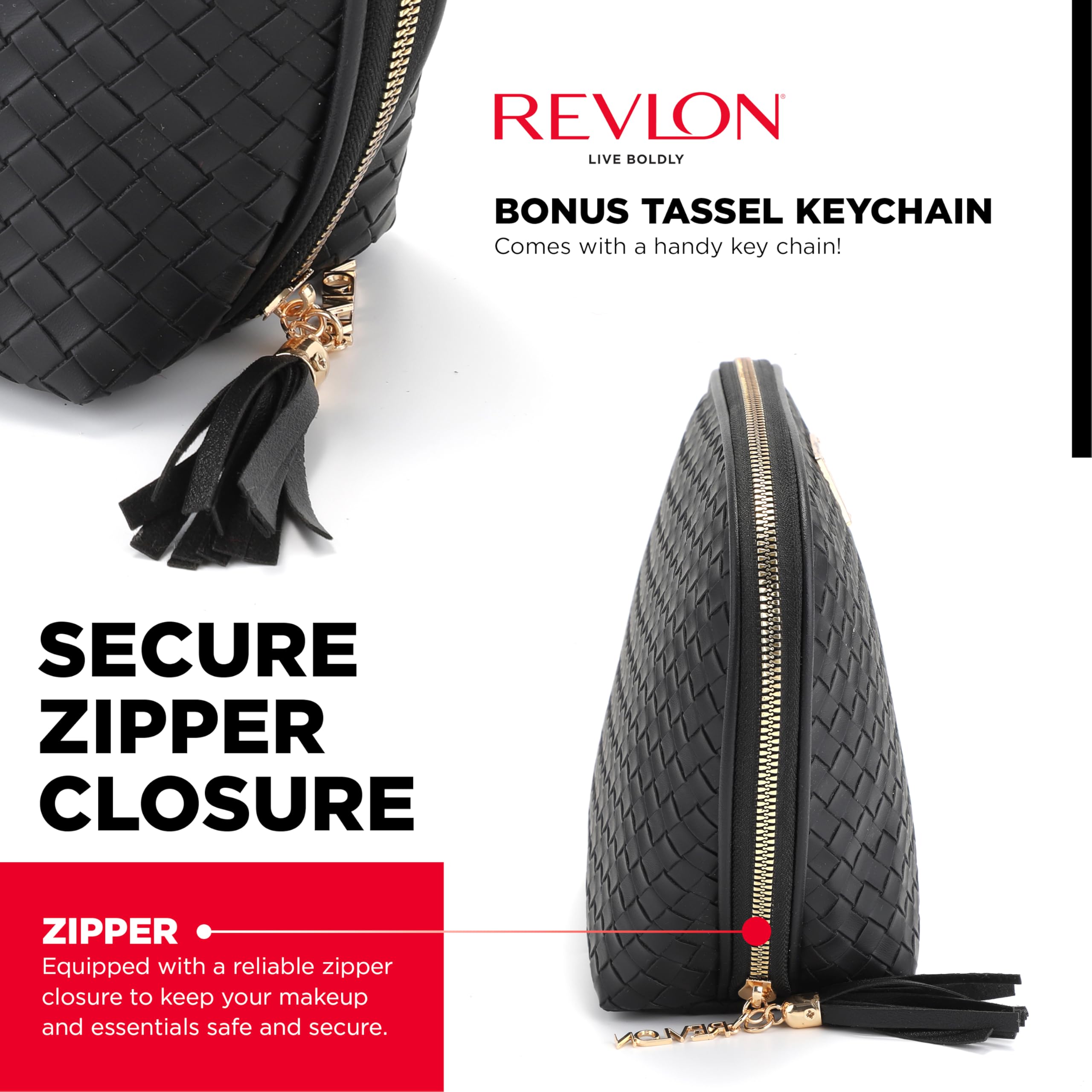 REVLON Basketweave Makeup Pouch - Small Makeup Pouch, Compact Travel Makeup Organizer, Cosmetic Bag, Mini Makeup Case with Pockets, Toiletry Pouch - Gifts for Women, Ladies, or Teen Girls, Onyx