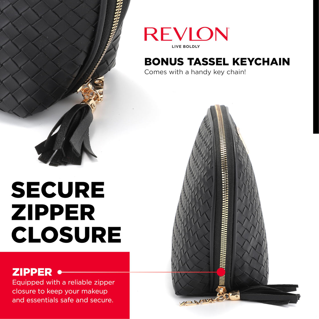 REVLON Basketweave Makeup Pouch - Small Makeup Pouch, Compact Travel Makeup Organizer, Cosmetic Bag, Mini Makeup Case with Pockets, Toiletry Pouch - Gifts for Women, Ladies, or Teen Girls, Onyx