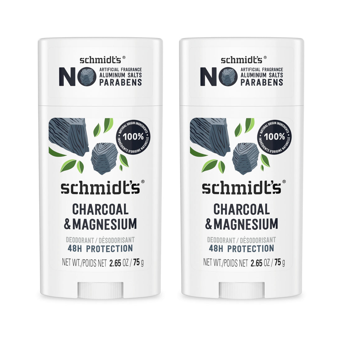 Schmidt's Aluminum-Free Vegan Deodorant Charcoal & Magnesium with 48 Hour Odor Protection, 2 Count for Women and Men, Natural Ingredients, Cruelty-Free, 2.65 oz, Pack of 2