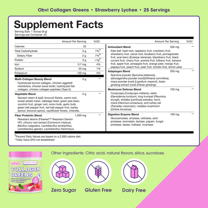 Obvi Collagen Greens | Organic Greens Superfood Powder with Collagen Peptides | Probiotics for Gut Health, Skin, Hair, Nails | Gluten-Free, Zero Sugar | Strawberry Lychee Flavor, 25 Servings
