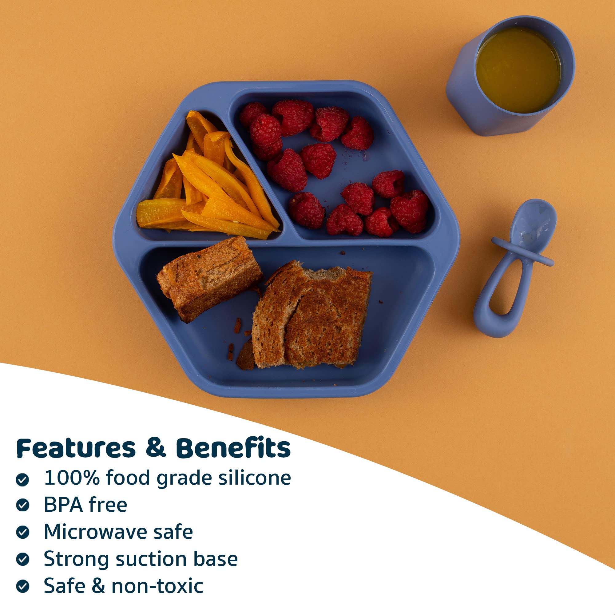 Tiny Twinkle Silicone Suction Baby Plate, Suction Grip Divided Dish for First Foods and Self-Feeding Toddlers, Baby Led Weaning Supplies for Independent Eating (Indigo Plate)