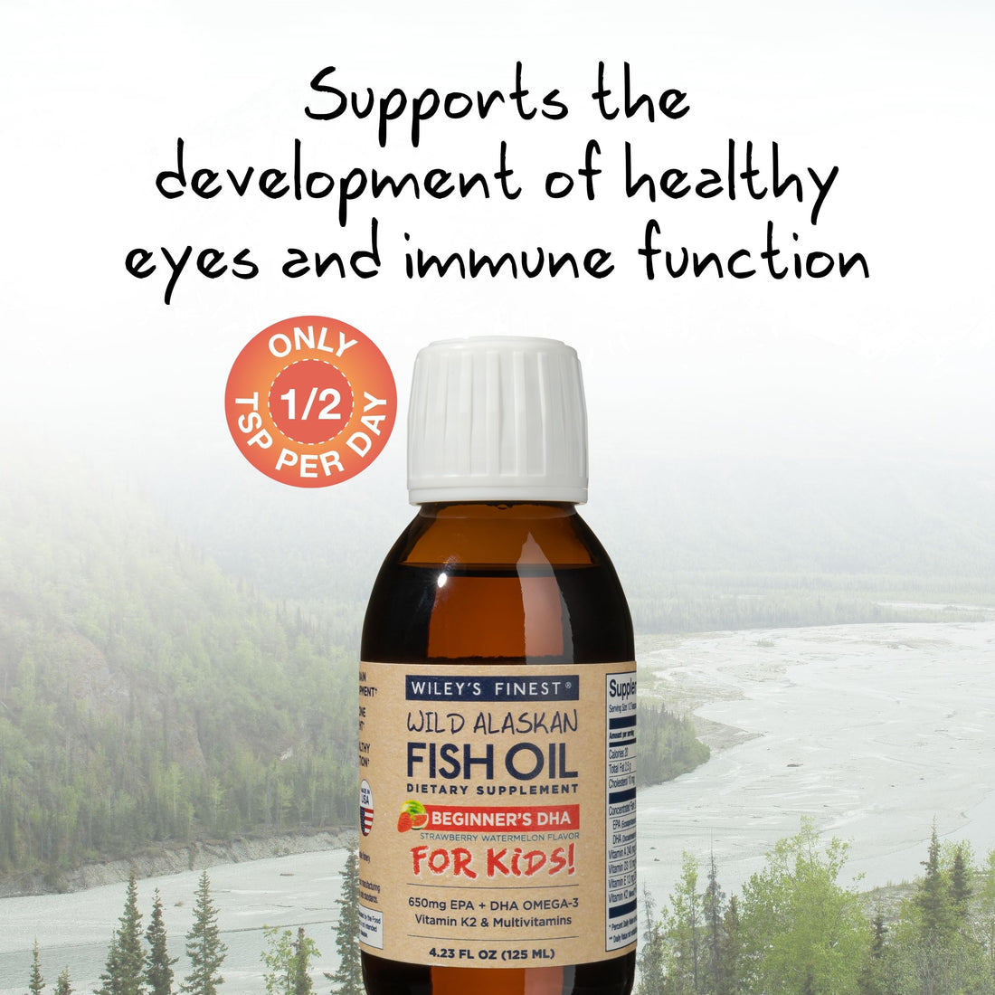 Wiley's Finest Wild Alaskan Beginner’s DHA - Liquid Fish Oil Supplement for Kids Ages 1 and Up - 650mg of EPA and DHA Omega-3s - Strawberry Watermelon Flavor - 4.23 Oz (50 Servings)