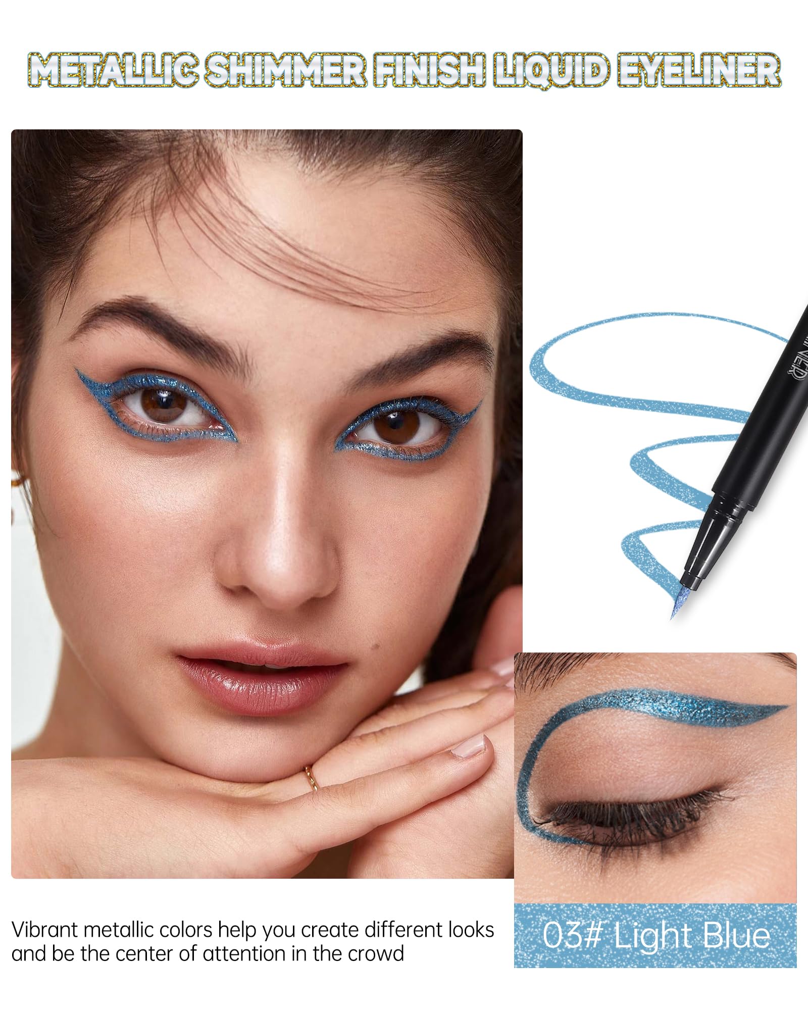 Metallic Glitter Liquid Eyeliner, Light Blue Diamond Shimmer Colored Eyeliner, Waterproof Long-Stay Eye Liner Pen, Ultra-Fine Tip Smooth Application, Smudge-Proof High Pigmented Delineador De Ojos-03