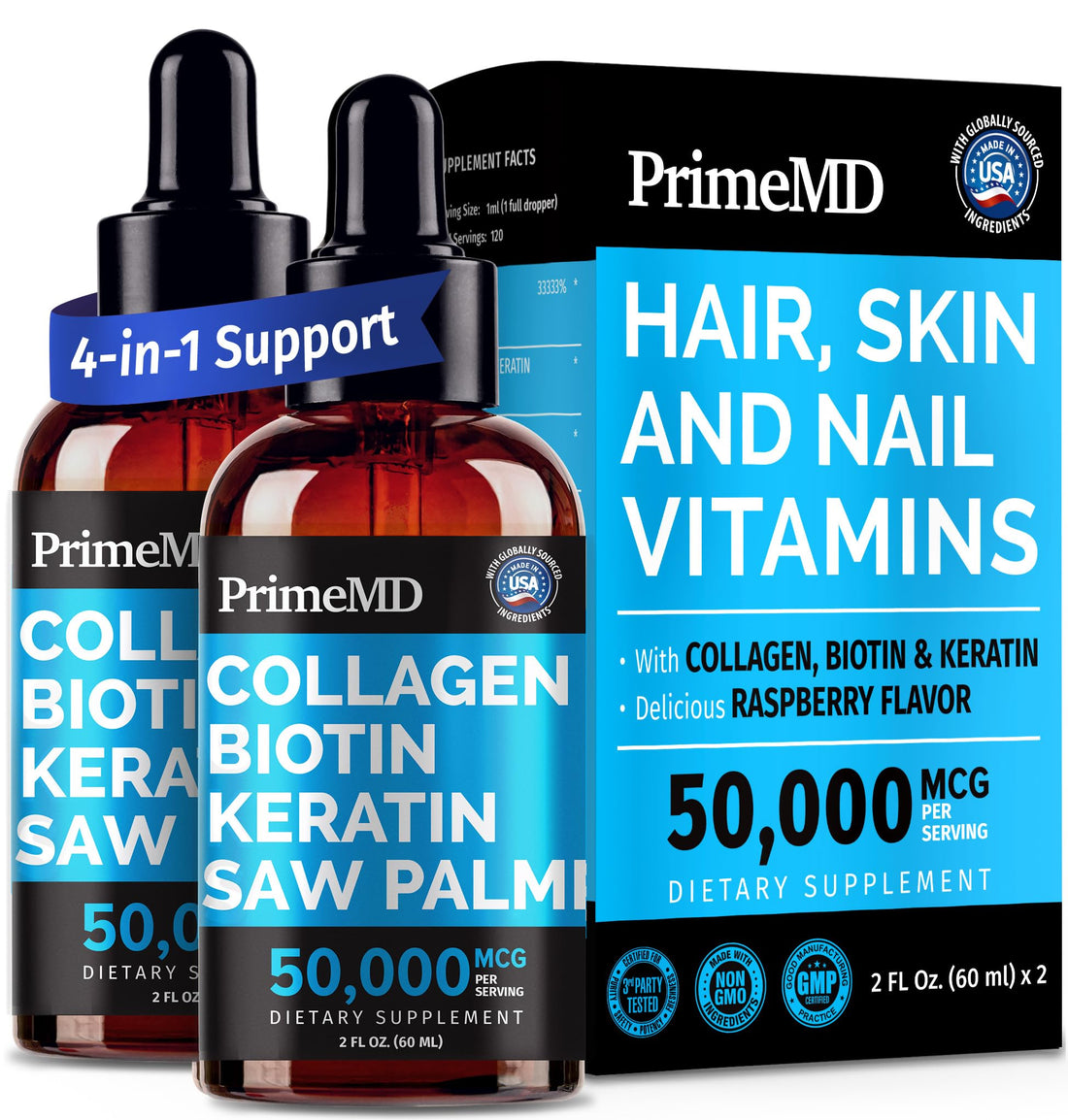 Liquid Collagen Peptides for Women - Serum Complex with Biotin Vitamin, Hydrolyzed Keratin Protein and Saw Palmetto - Comprehensive Formula for Hair, Skin, and Nails Wellness - 2fl oz (Pack of 2)