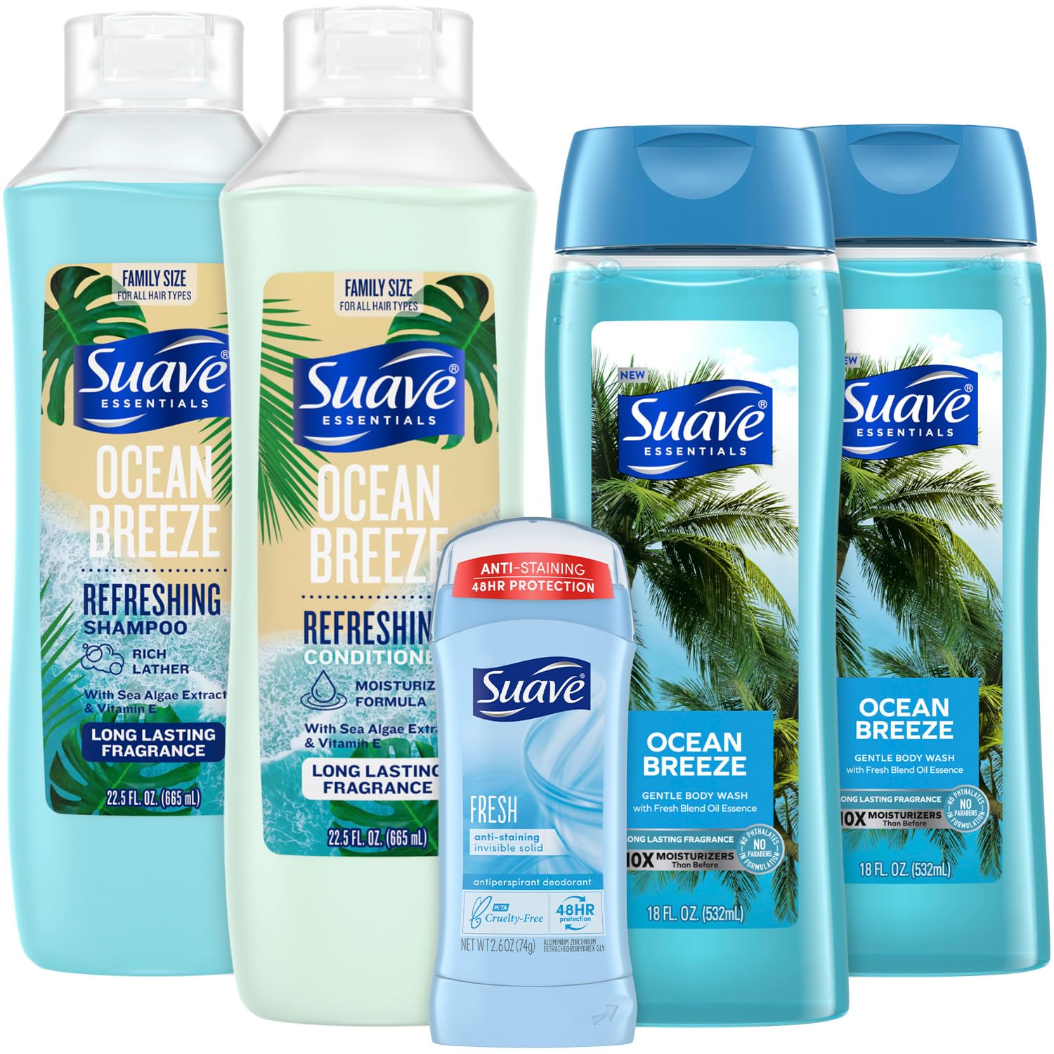 Suave Body Wash 2-Pack, Shampoo & Conditioner, Ocean Breeze + Fresh Antiperspirant Deodorant for Women (5 Piece Set)
