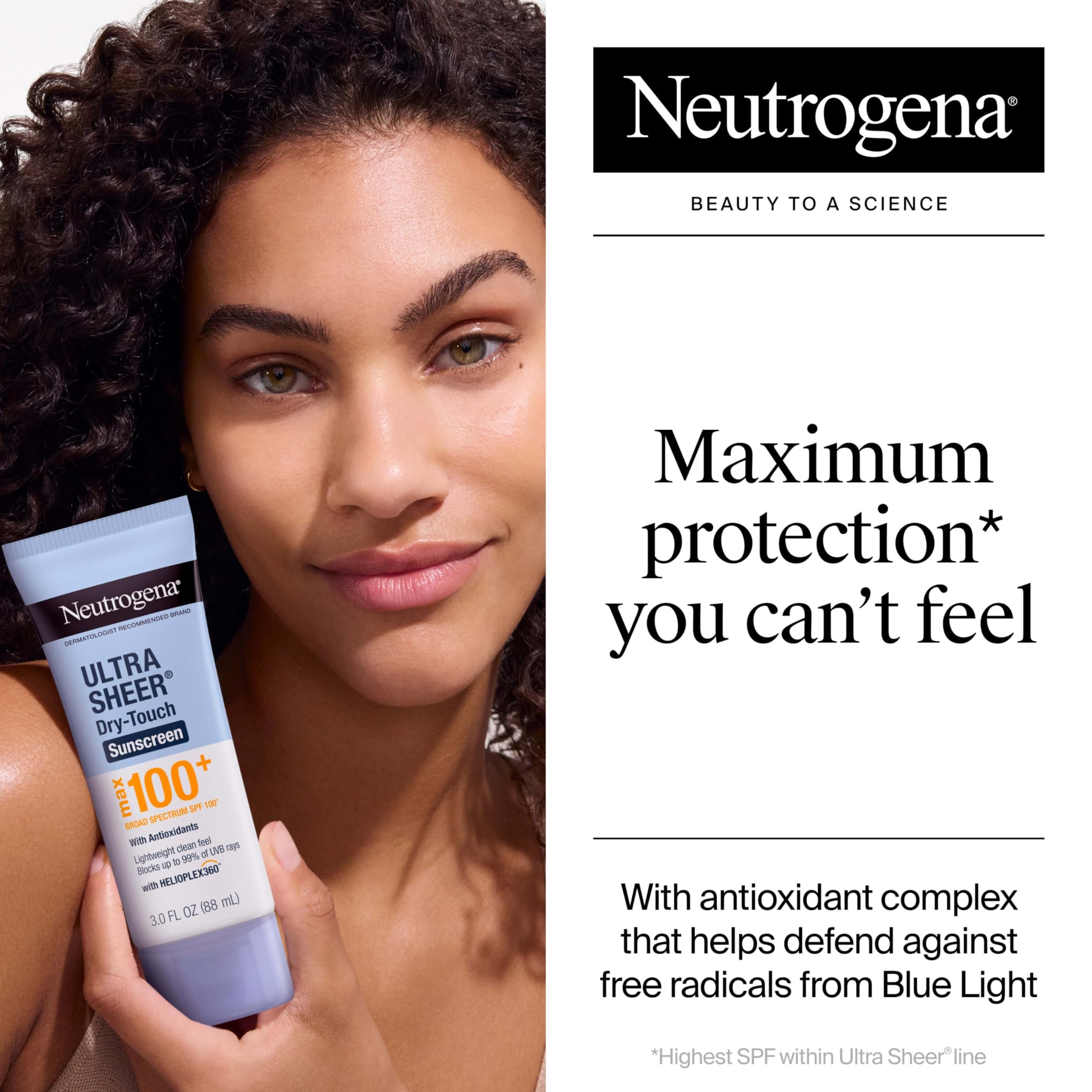 Neutrogena Ultra Sheer Dry-Touch Sunscreen Lotion, Max 100+ Broad Spectrum SPF 100 UVA/UVB Protection, Lightweight, Non-Greasy Sunscreen, Oxybenzone-Free, Antioxidant, Travel Size, 3 fl oz