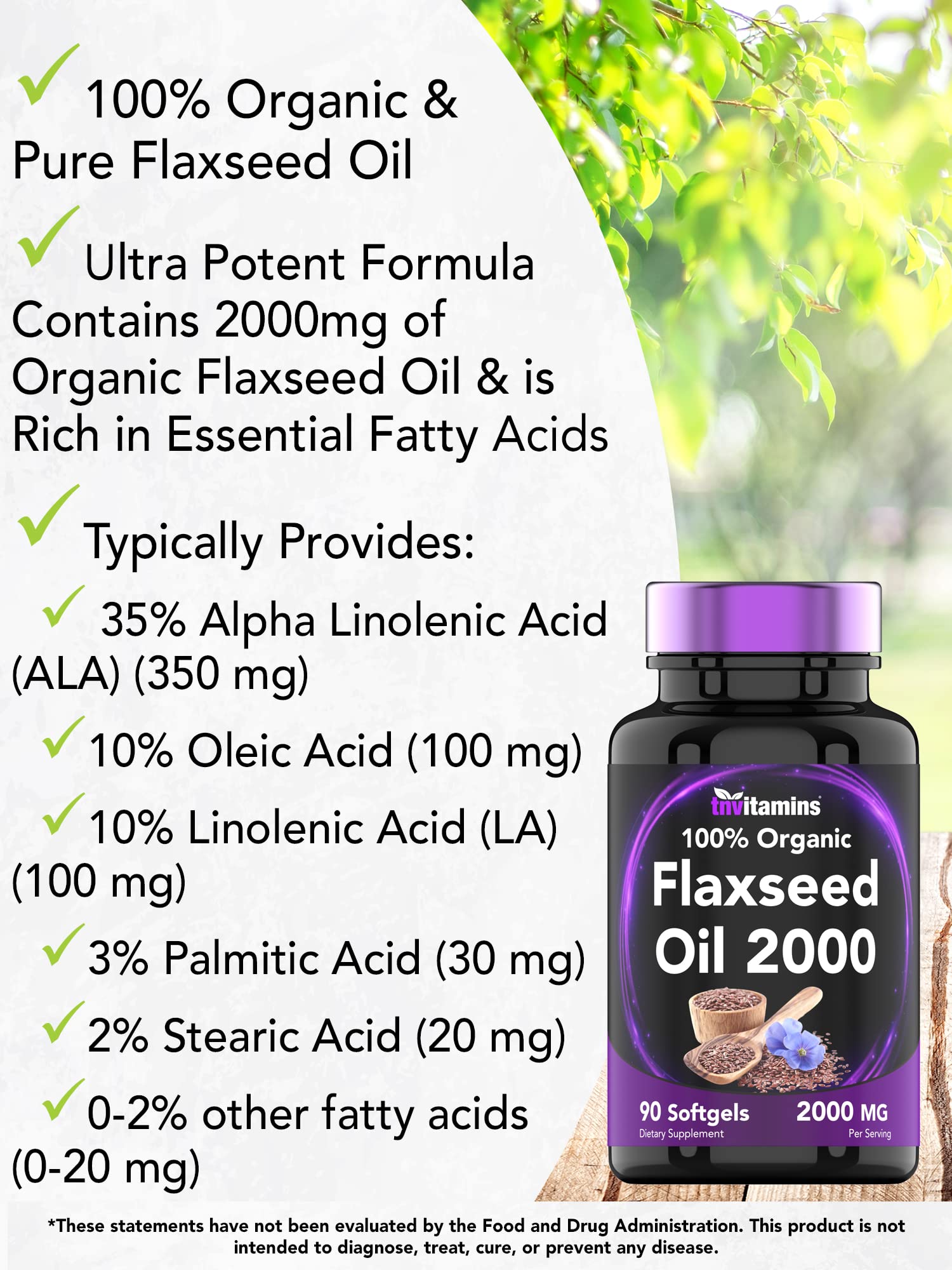 tnvitamins Organic Flaxseed Oil Softgels: 2000 mg - 90 Softgels | High in Omega-3 Fatty Acids | Flaxseed Oil Supplement for Women & Men | Non-GMO